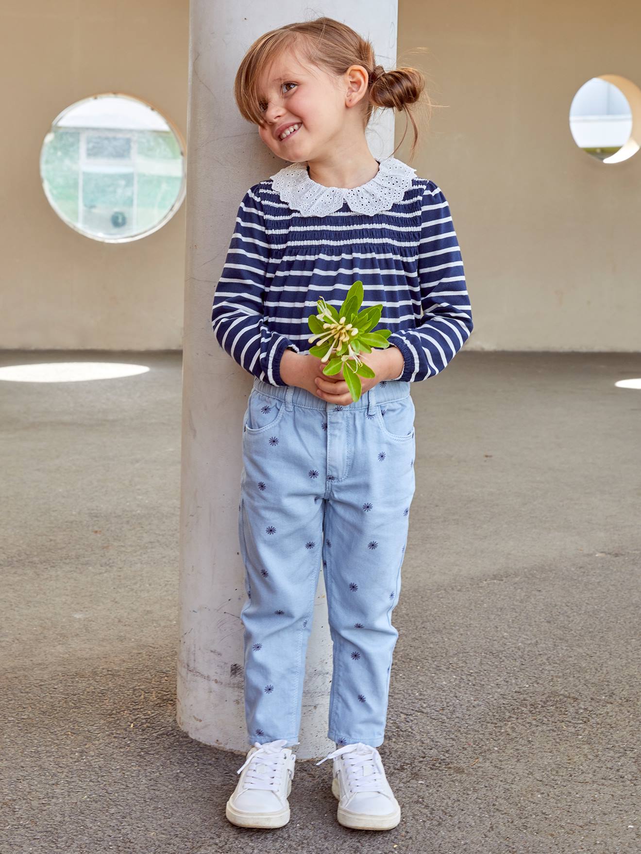 T-shirt blouse col en broderie anglaise fille marine rayé