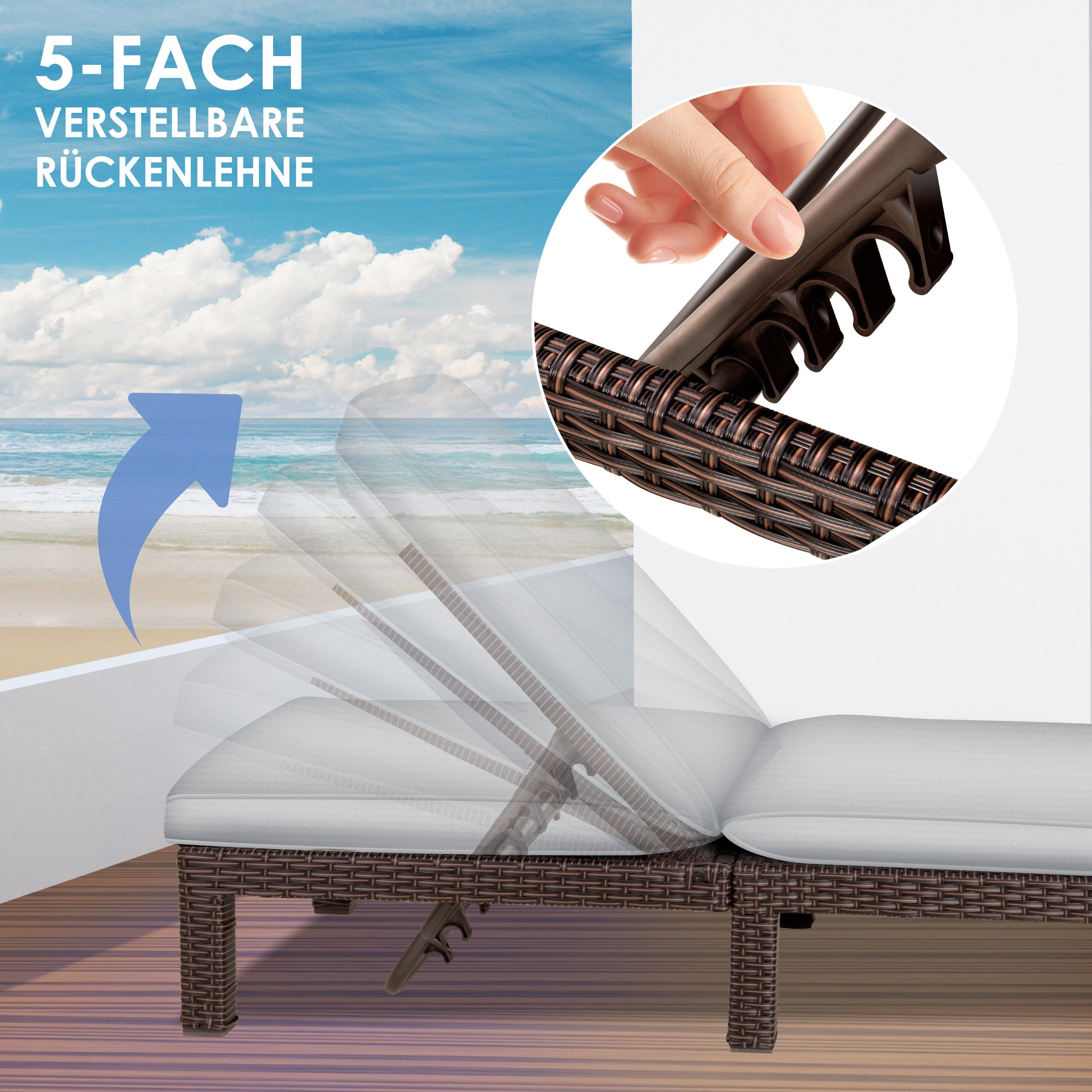 KESSER Gartenliege, Sonnenliege Polyrattan Palma Gartenliege Auflage für Balkon