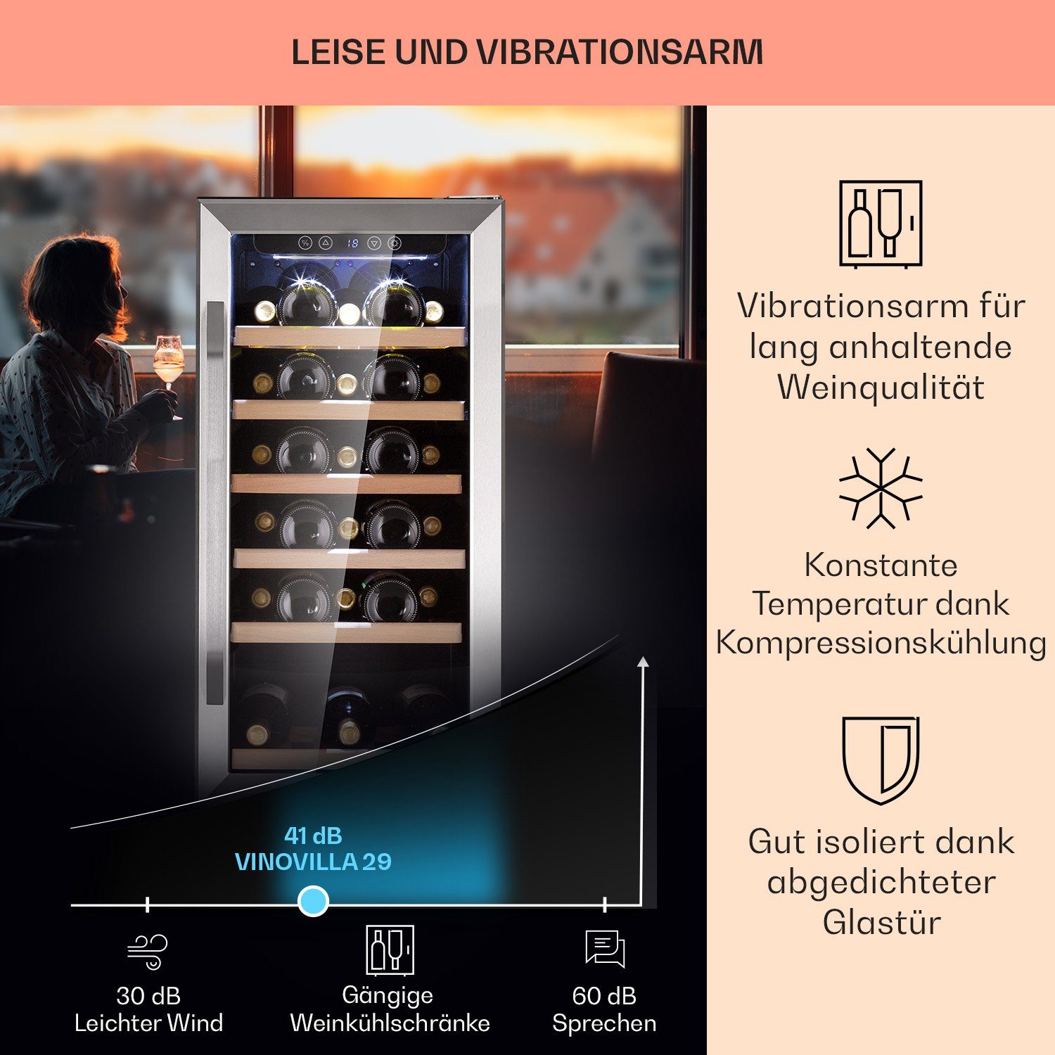 Klarstein Weinkühlschrank Vinovilla, für 31 Standardflaschen á 0,75l,Wein Flaschenkühlschrank Weintemperierschrank Weinschrank Kühlschrank