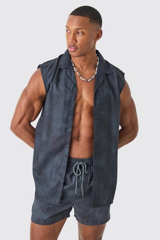 Ärmelloses Hemd mit Acid-Waschung & Badehose