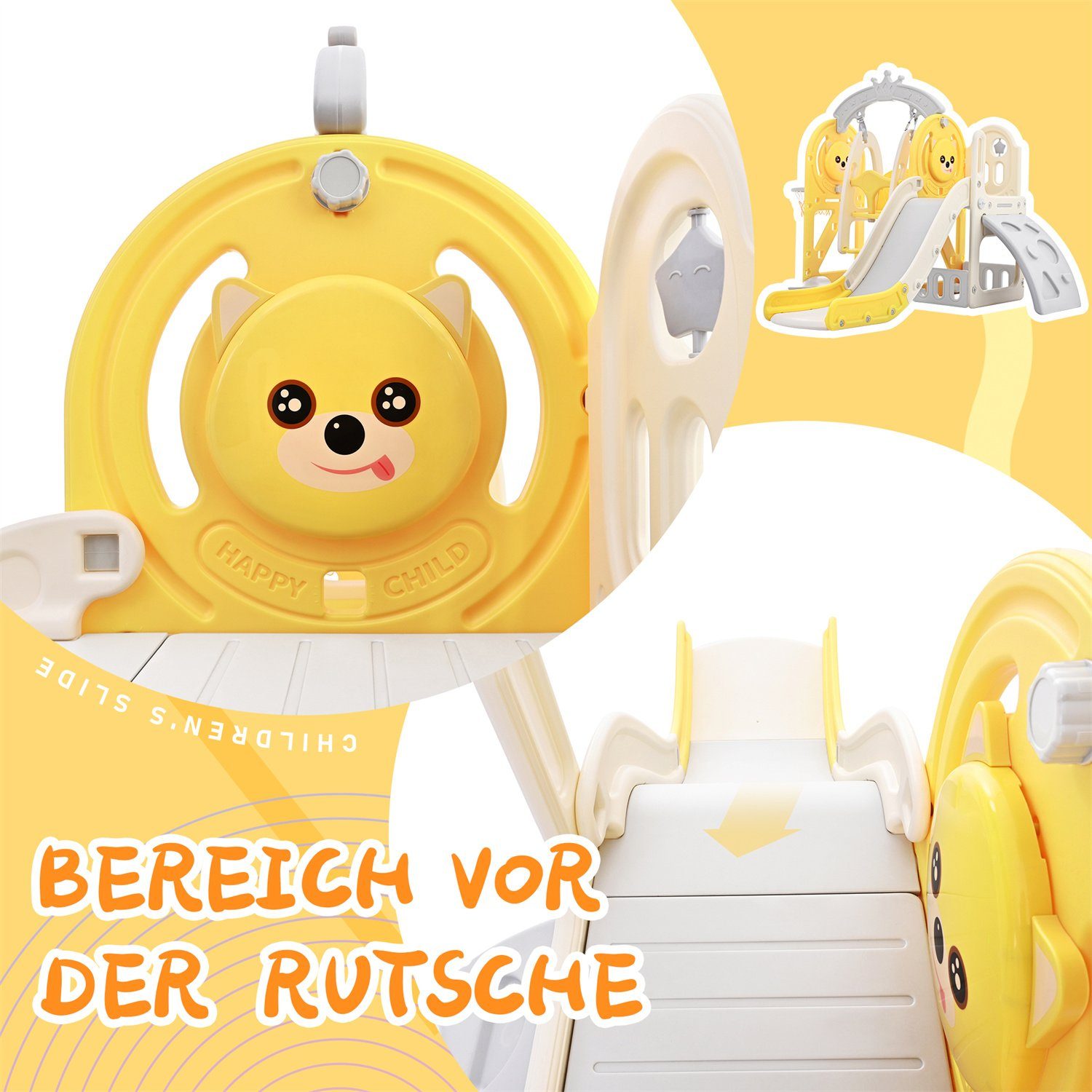 Fangqi Indoor-Rutsche 5 in 1 Kinderrutsche und Kletterspielzeug, Kinderspielzeug,Unisex, (Kinderrutsche, Klettern, Aufbewahrung, Schaukel, Basketballkorb. Hergestellt aus HDPE. Mit Cartoon Bild)