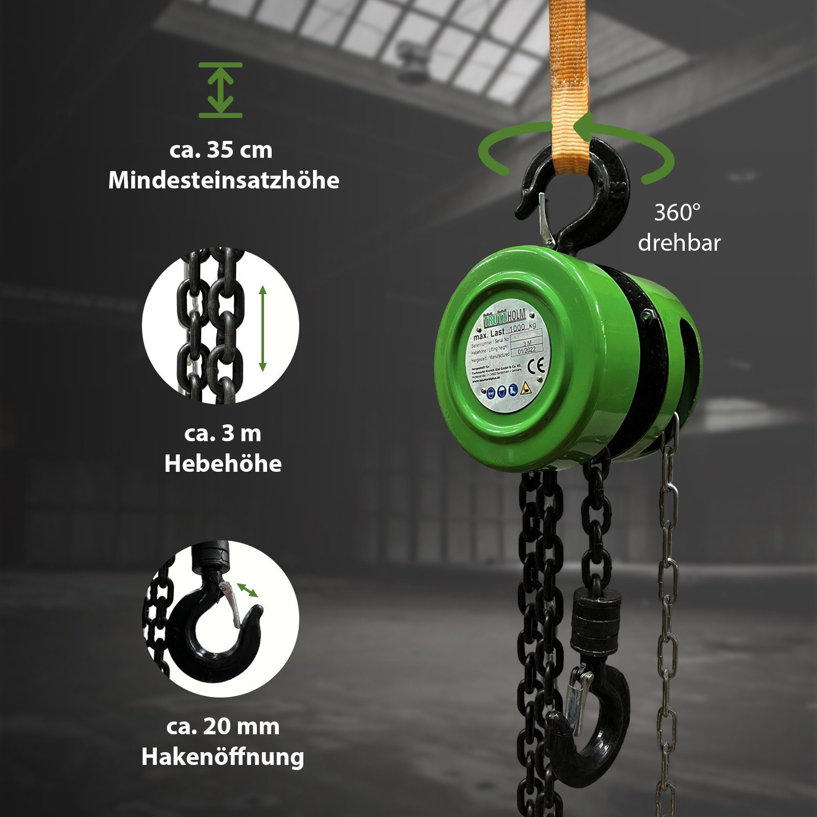 TRUTZHOLM Kettenzug TrutzHolm® Profi Kettenzug Flaschenzug Hebezug Seilzug Kran HSC HZS, (Produkt, 1 St), Mit Blockiersystem
