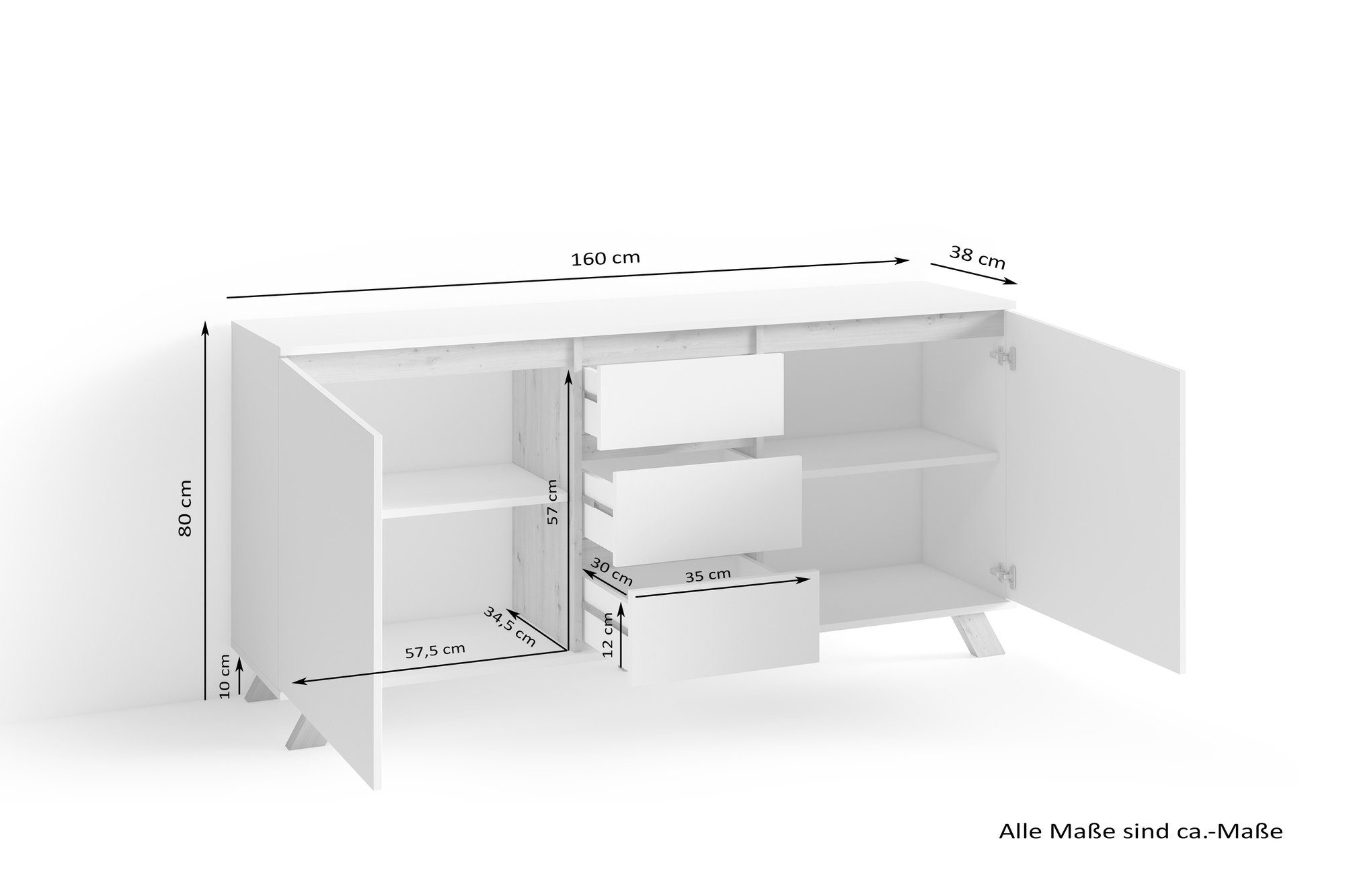 möbelando Sideboard VALENTIN (BxHxT: 160x80x38 cm), in weiß mit 3 Schubladen und 2 Türen