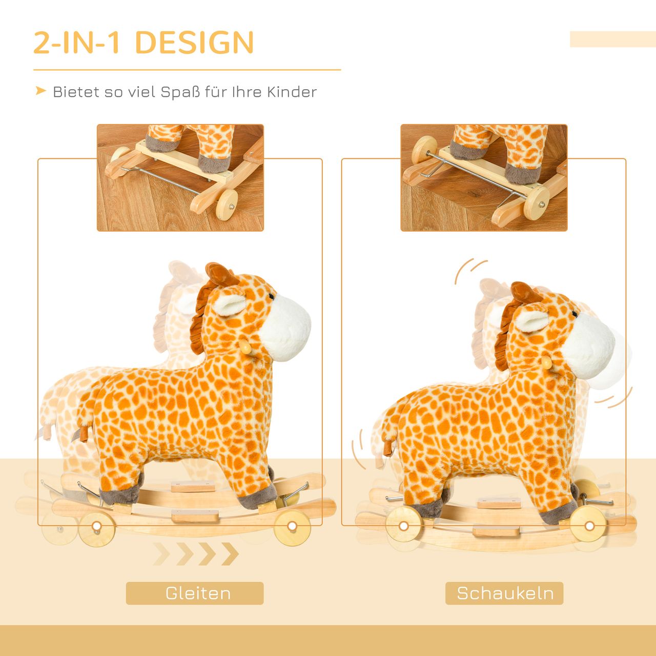 HOMCOM 2-IN-1 Schaukelpferd mit Räder Plüsch Schaukeltier Babyschaukel Spielzeug für 36-72 Monaten Giraffen-Design Gelb 63 x 38 x 63 cm