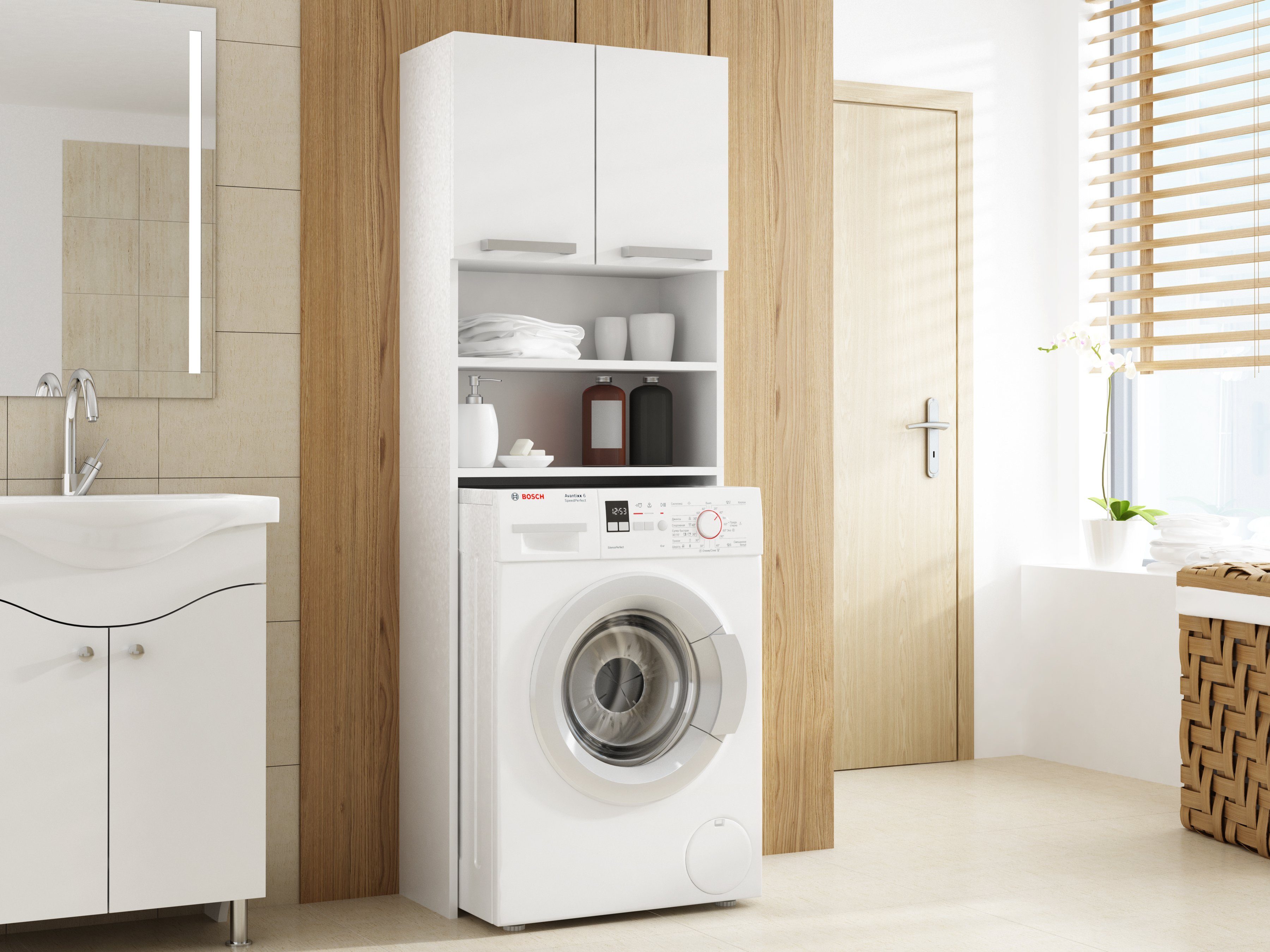 Home Collective Waschmaschinenumbauschrank Waschmaschinenschrank weiß, Hängeschrank Badschrank, Hochschrank Badregal, Waschmaschine Trockner WC 64x180x30 cm (B x H x T)