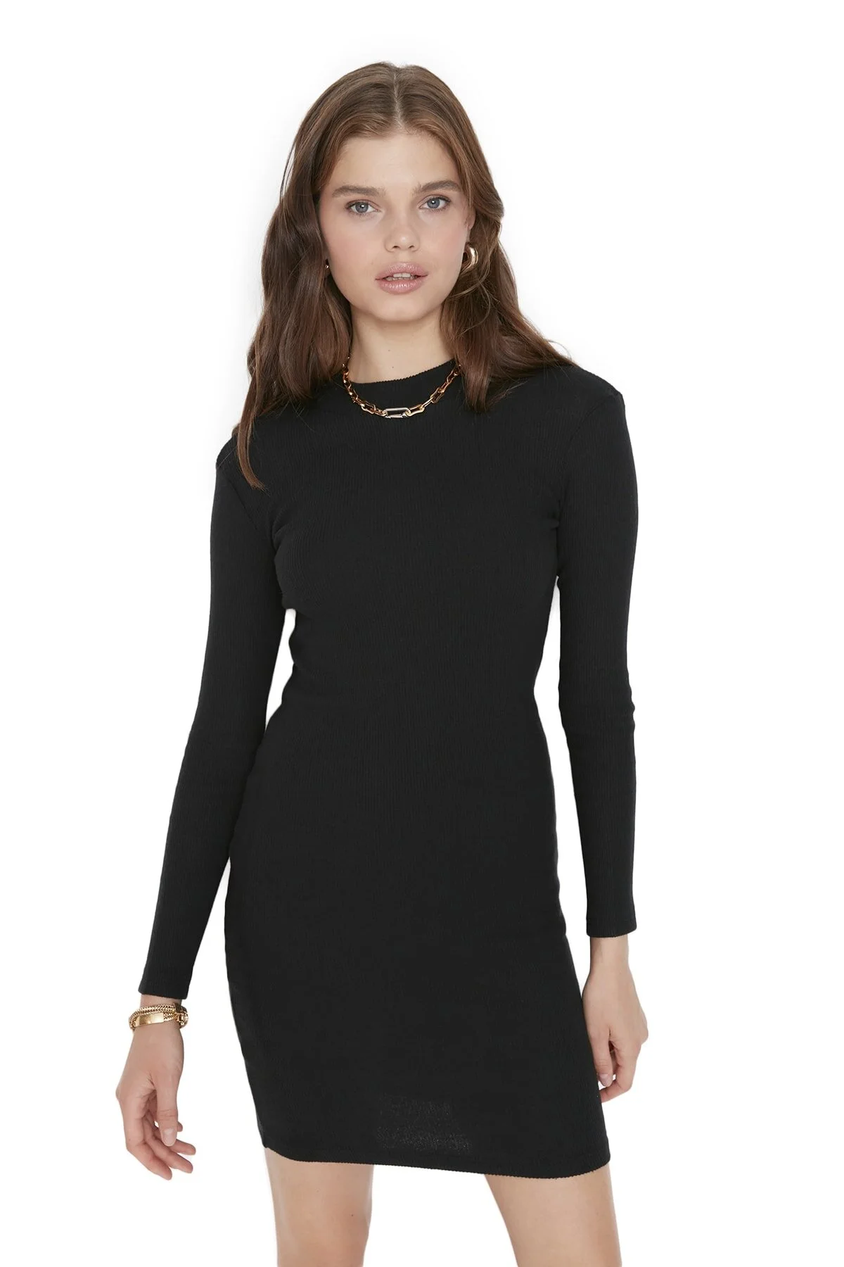Trendyol Collection  Schwarzes tailliertes Mini-Stehkragen-Bleistiftkleid aus geripptem flexiblem Strick TWOAW21EL2244