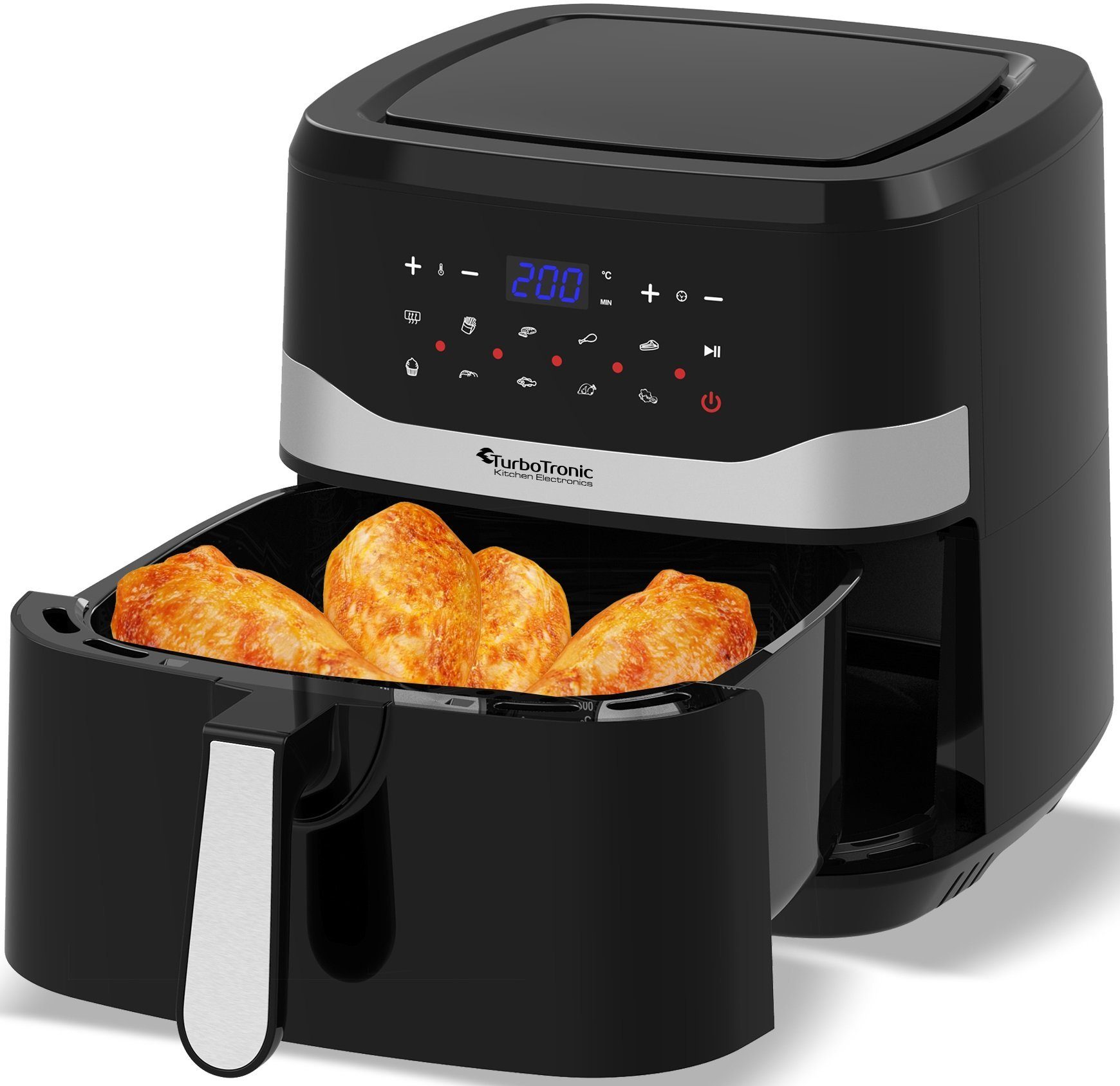 TurboTronic by Z-Line Heißluftfritteuse 7 Liter, 12 Programme, XXL Fritteuse Fettfrei ohne Öl, 50°C - 200°C, 1800 W, Power Camping Retro digital Airfryer AF7D