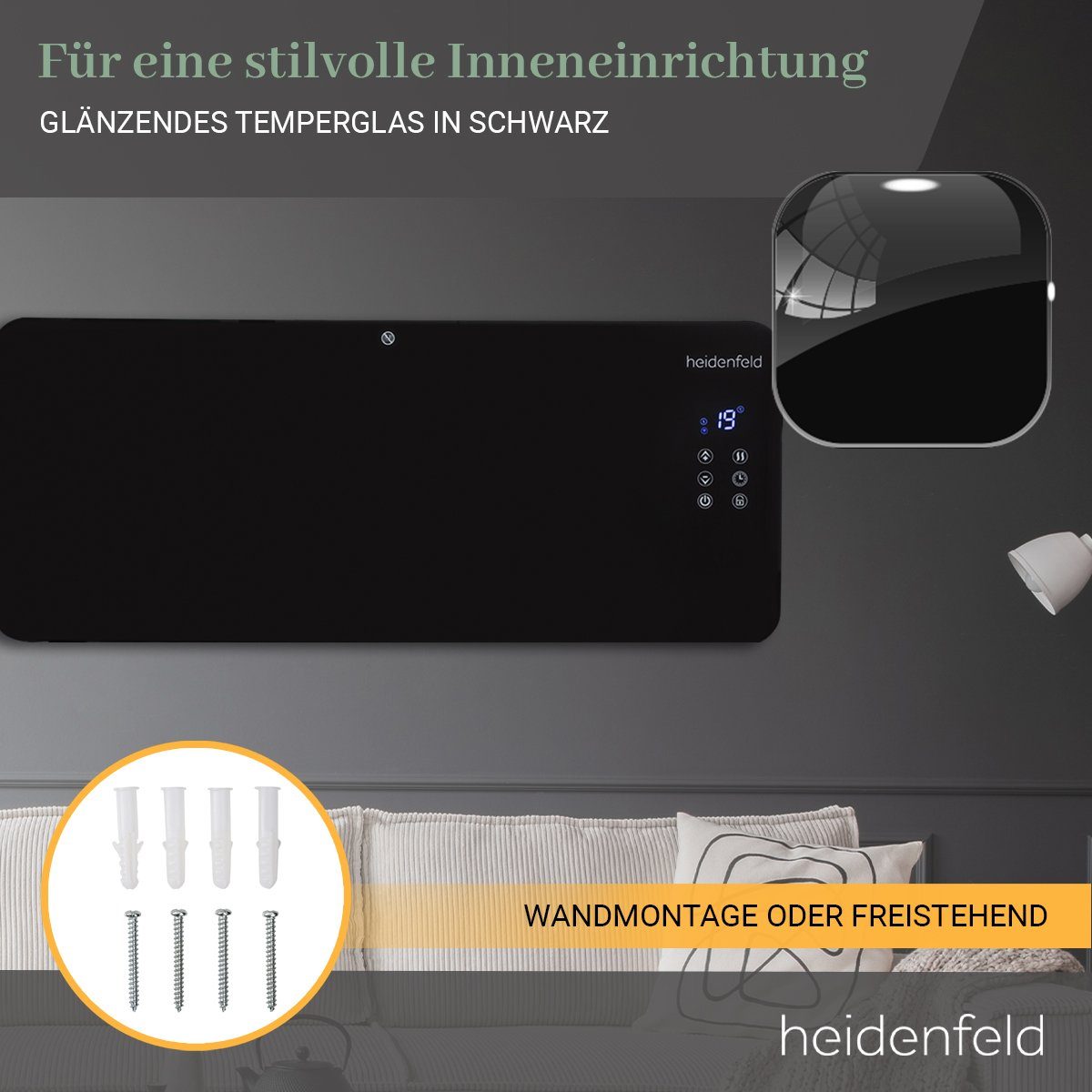 Heidenfeld Konvektor Glaskonvektor GK200 - 2000 W inkl. 3 Jahre Garantie Heizgerät, 2000 W, Elektro Heizung - LED-Bedienfeld und Fernbedienung - Kindersicherung