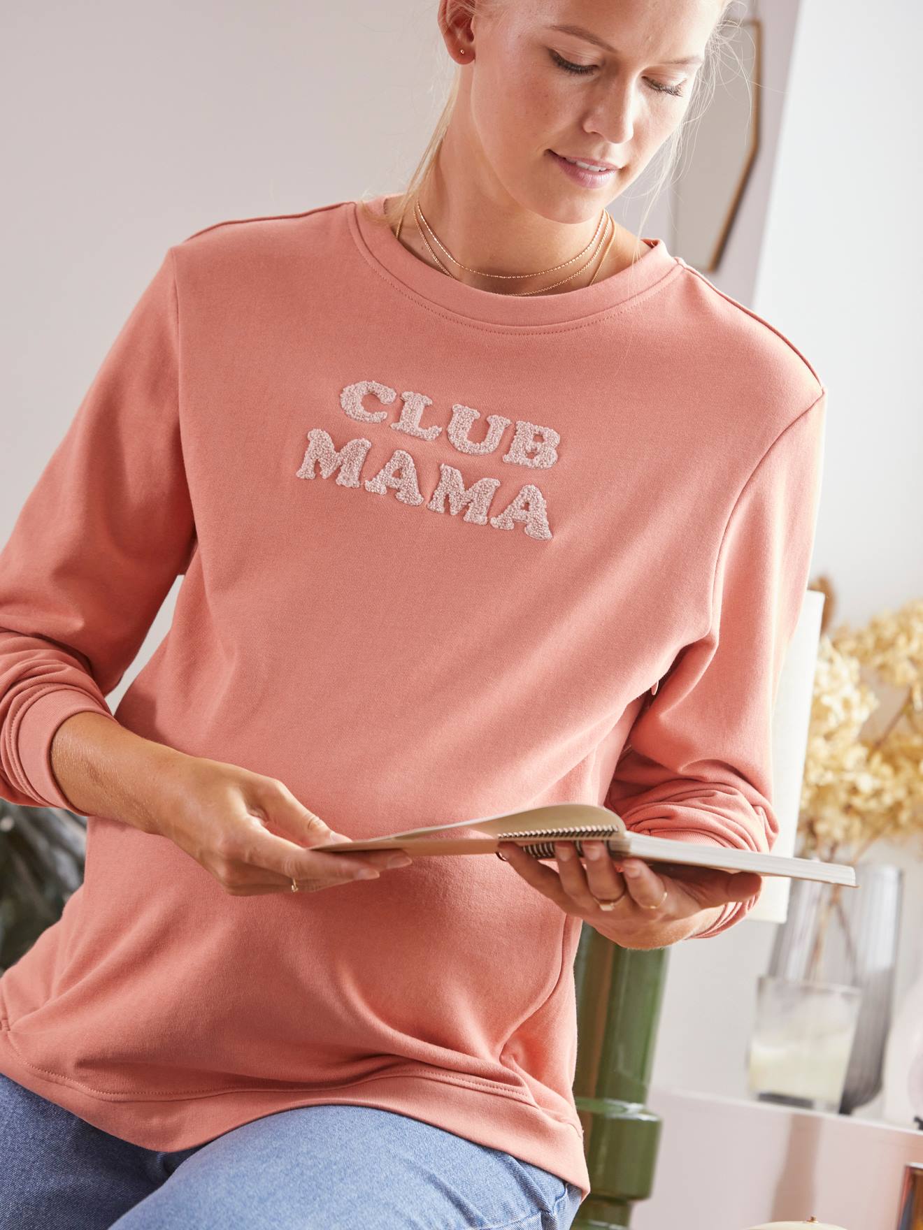 Sweat molleton à message grossesse et allaitement rose blush
