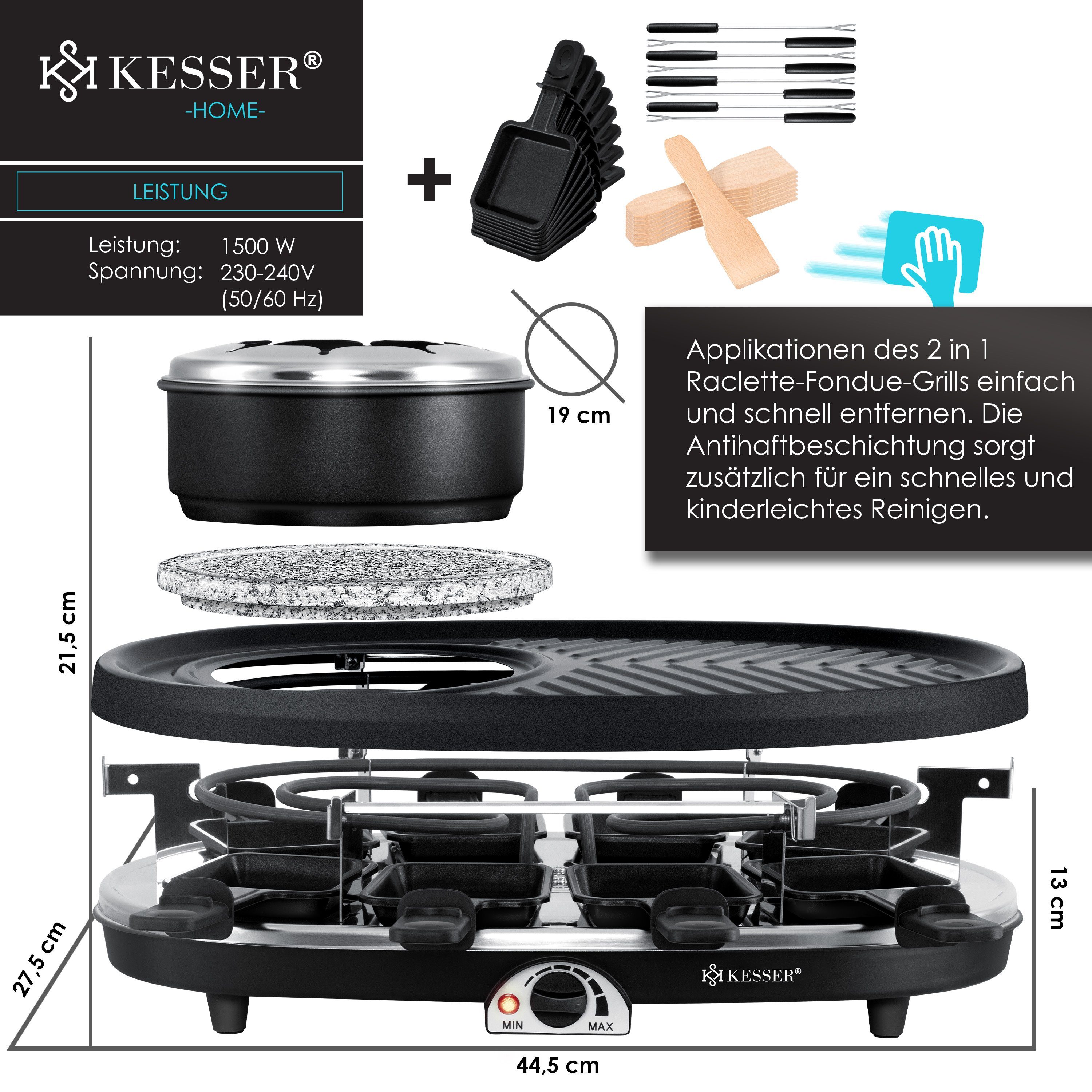 KESSER Raclette, 8 Raclettepfännchen, 1500 W, 3in1 Raclette-Grill mit Naturgrillstein, Grillplatte u. Fondue