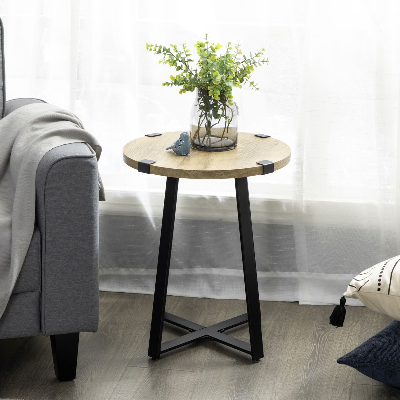 HOMCOM Couchtisch Runder Beistelltisch, Wohnzimmertisch mit Holzoptik Natur