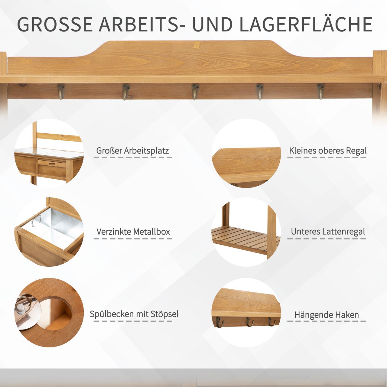 Outsunny Pflanztisch mit verzinkter Arbeitsplatte Blumenständer aus Tannenholz Metall Natur