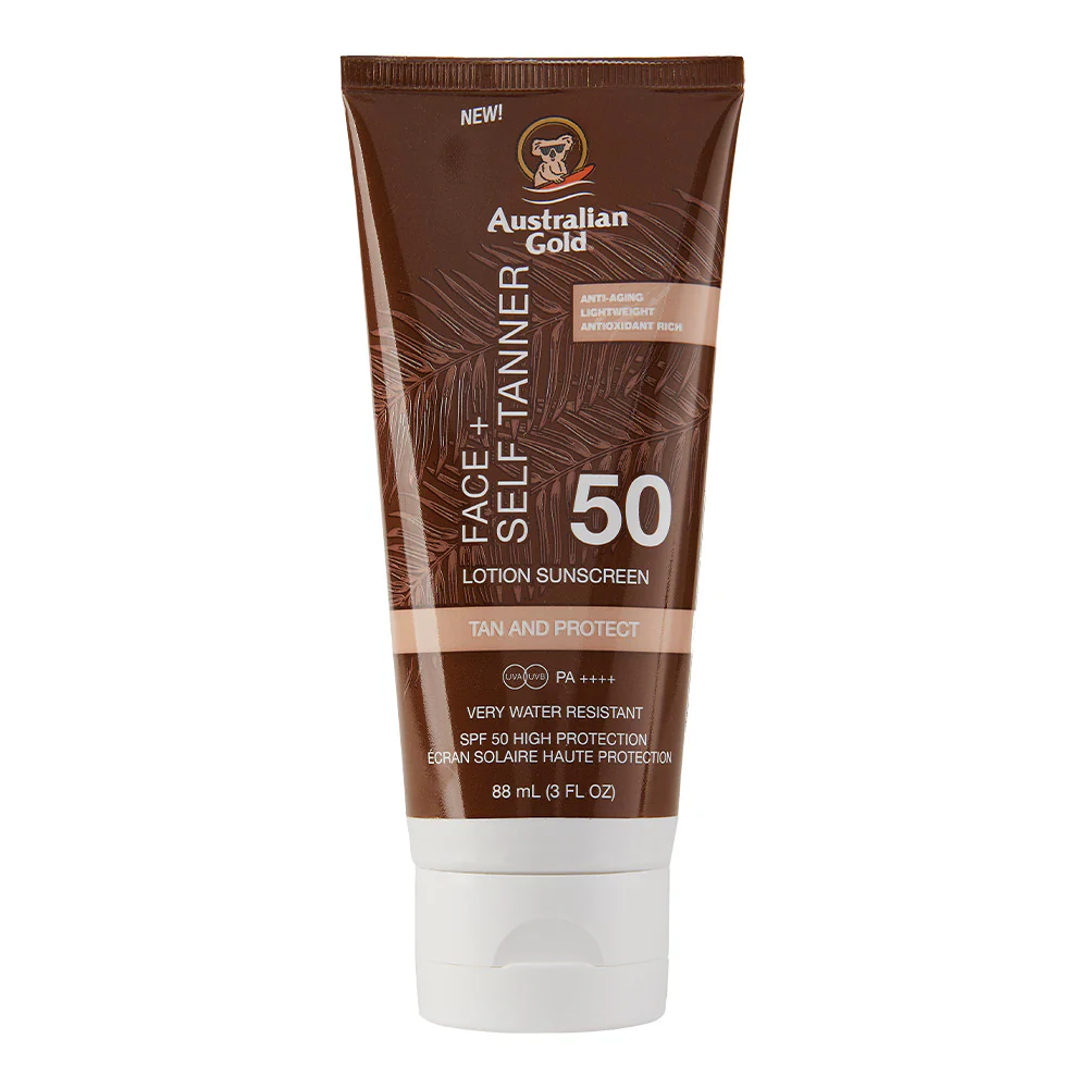 Protector solar facial con SPF50 y loción autobronceadora - Protector solar facial de alta protección.