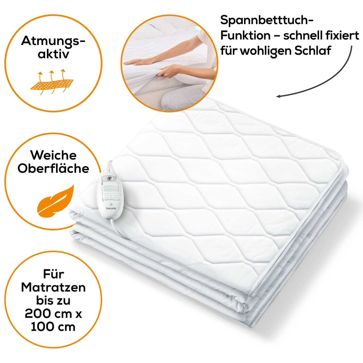 Beurer Spann-Wärmeunterbett UB 64-Wärmeunterbett als Spannbetttuch mit 3 Temperaturstufen - 200 x 100 cm