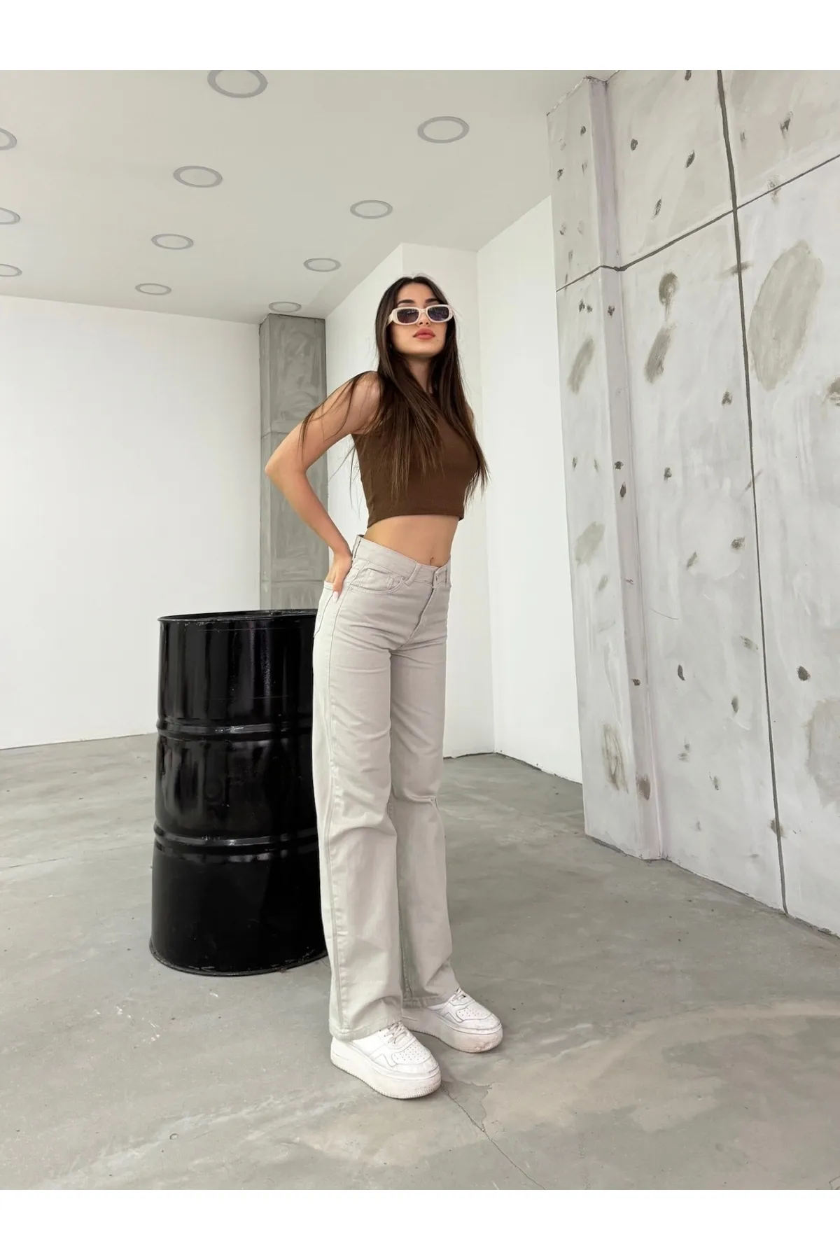 BİKELİFE  Damen-Palazzo-Hose mit hohem Bund und weitem Bein in Steinoptik