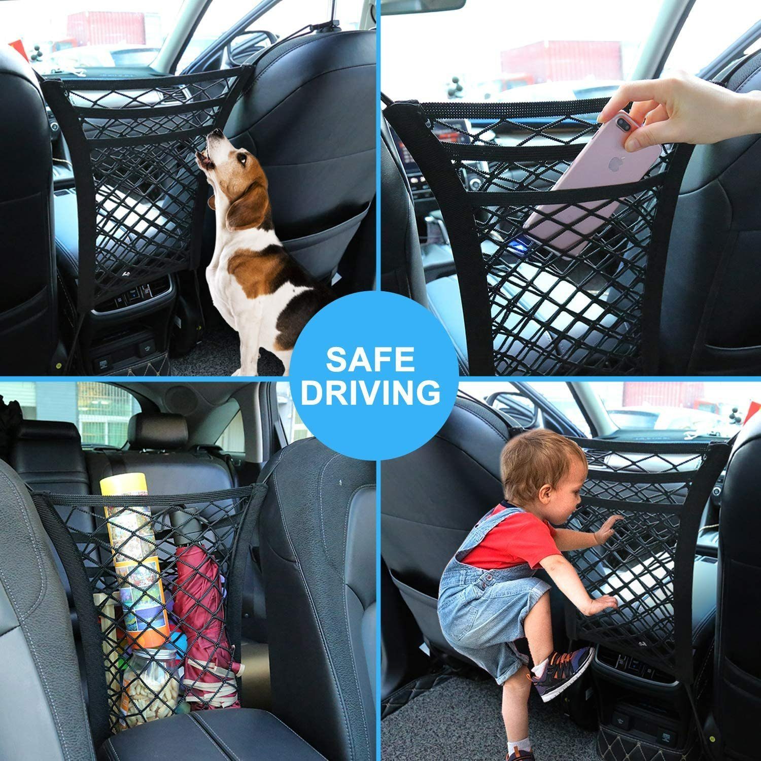 CALIYO Auto-Rückenlehnentasche 3 Schichten Autonetz Autositz Aufbewahrungsnetz mit 2 Taschen, Netz mit Haken und dehnbarer Netzbarriere, Auto-Hundegitter Autonetzbarriere für Hund, Haustier oder Kinder, 30 * 28cm