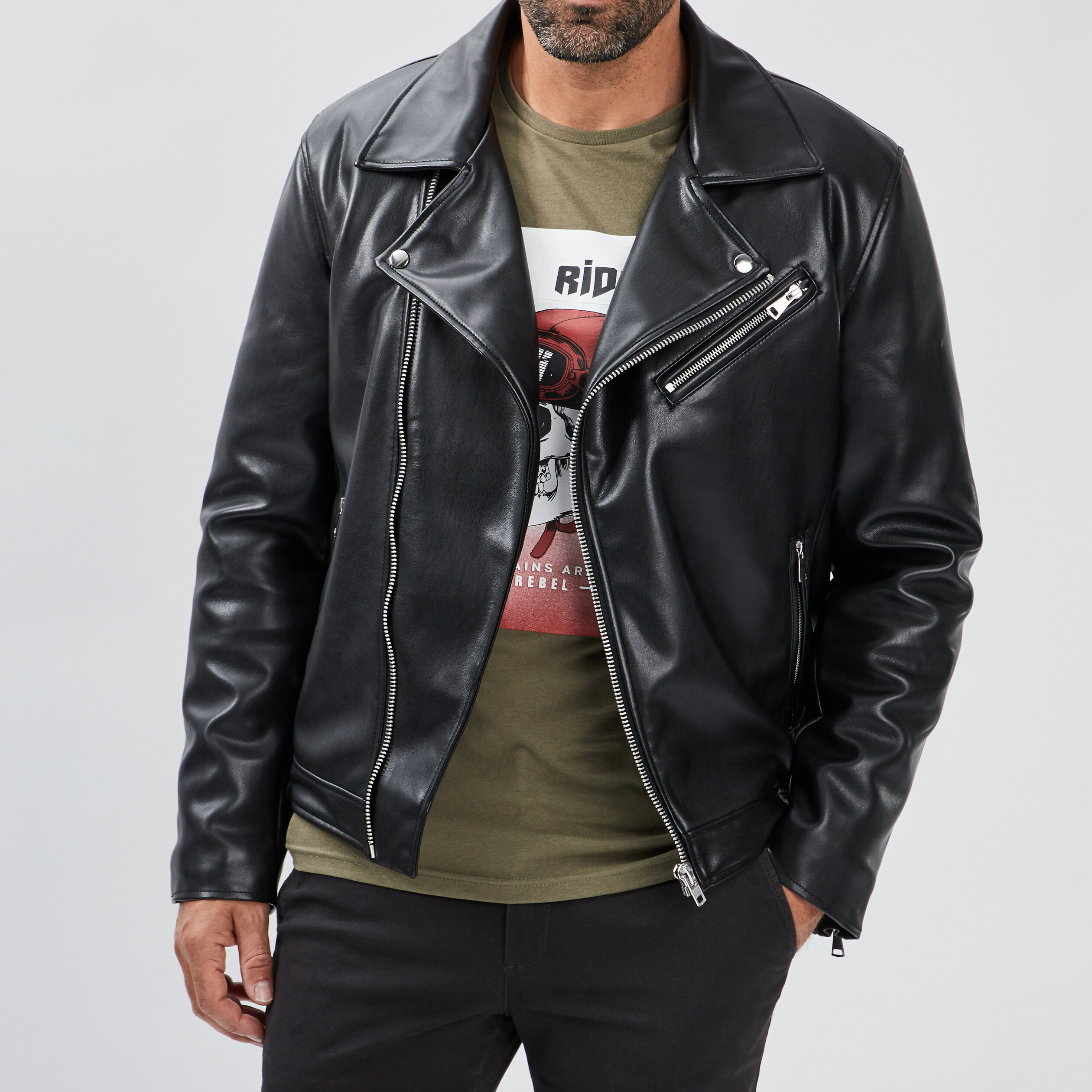 Veste style biker simili cuir zippée noir homme | La Halle