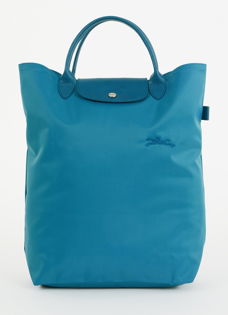 Geantă verde Longchamp Le Pliage, mărimea M, cu detalii din piele.