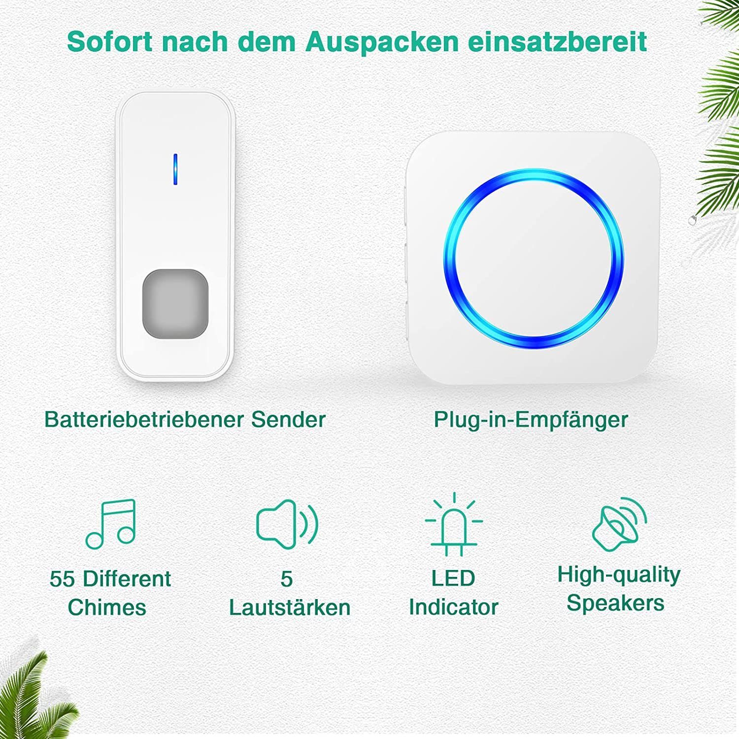 Yaviel Türklingel-Set Funkklingel Kabellose Türklingel Wasserdicht Klingel Haustür 2 Sender, Wireless Boorbell Haustürklingel 400m 110dB Batteriebetrieben Haus