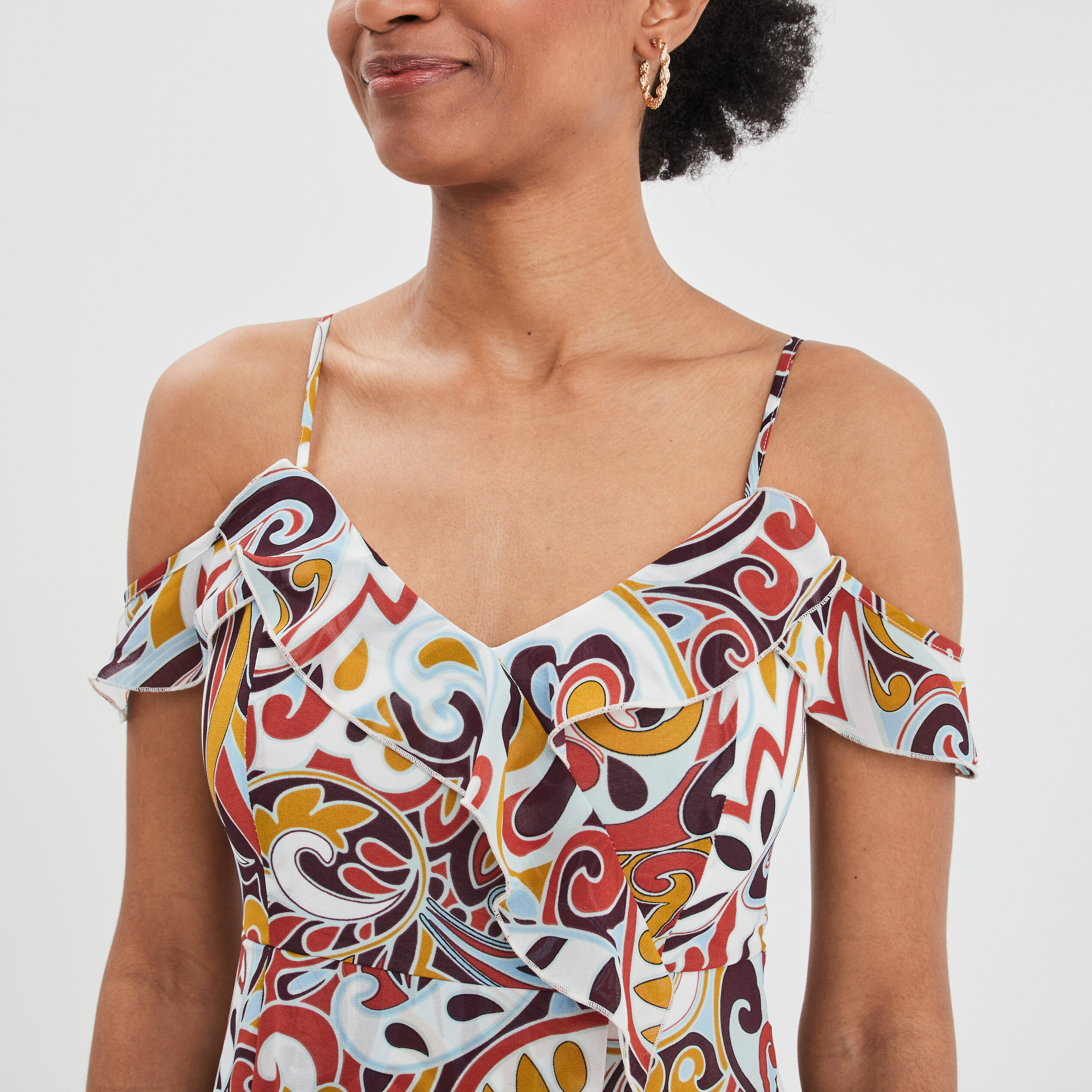 Robe longue évasée satinée à volants noir femme | La Halle