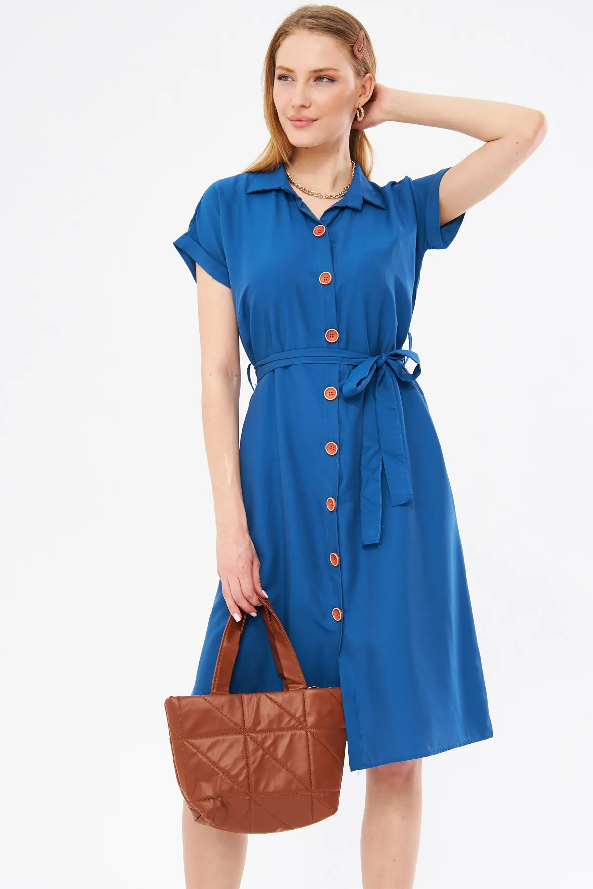 armonika  Dunkelblaues Kurzarm-Hemdkleid mit Gürtel für Damen ARM-19Y001068