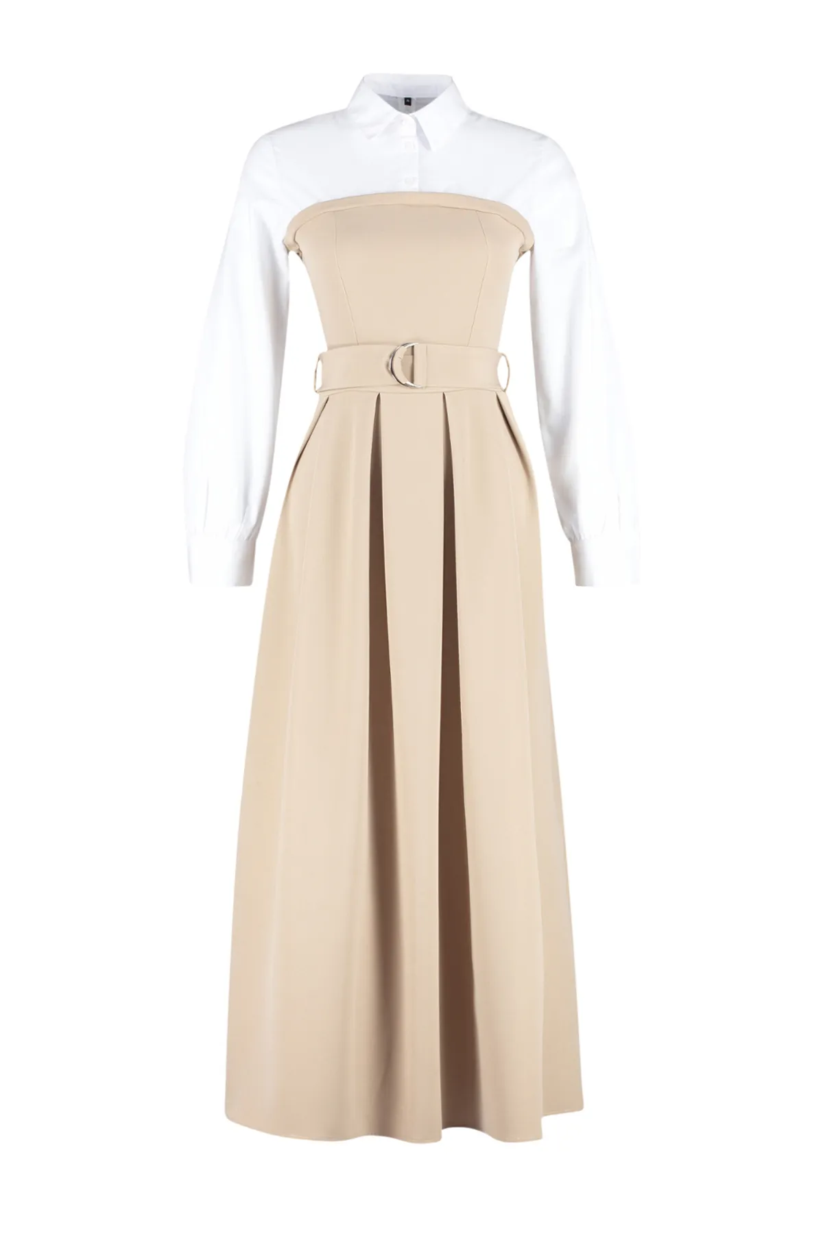 Trendyol Modest  Beigefarbenes Hemdkleid mit Gürtel und detailliertem Webmuster TCTSS24EB00059