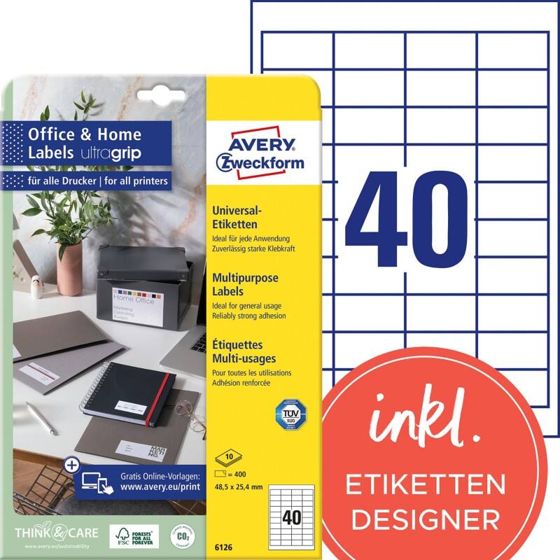 AVERY Zweckform Abziehhilfe QuickPEEL,ultragrip Universaletiketten 6126 Selbsthaftend DIN A4 Weiß 48,5 x 25,4 mm 10 Blatt à 40 Etiketten