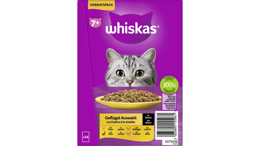 Whiskas® Portionsbeutel 7+ Geflügel Auswahl in Sauce Katzennassfutter 2040 g
