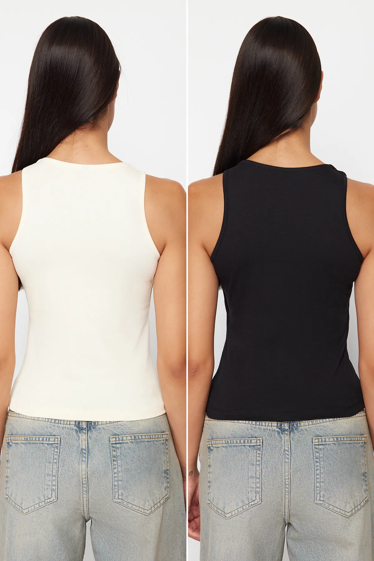 Trendyol Collection  Schwarz-Steinfarbenes, eng anliegendes/flexibles 2er-Pack gestricktes Tanktop aus Baumwolle mit Neckholderkragen TWOSS24AL00049