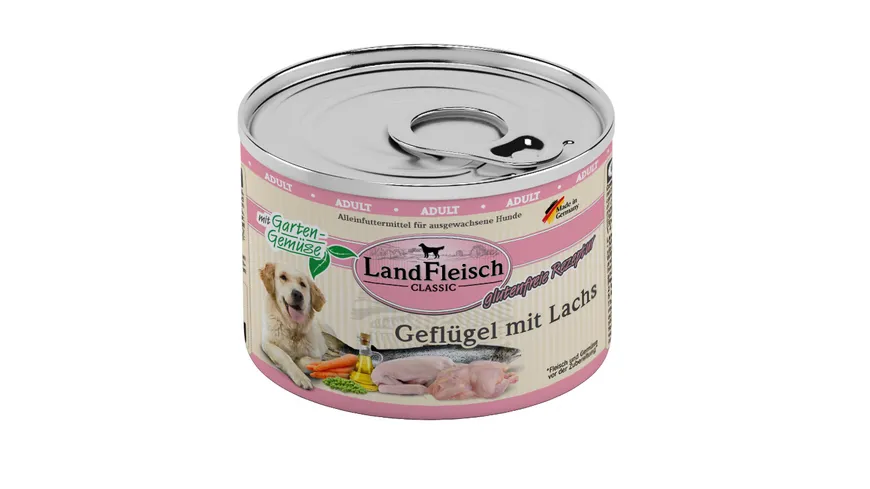 LandFleisch Classic Hundenassfutter Geflügel mit Lachs und Gartengemüse 195 g