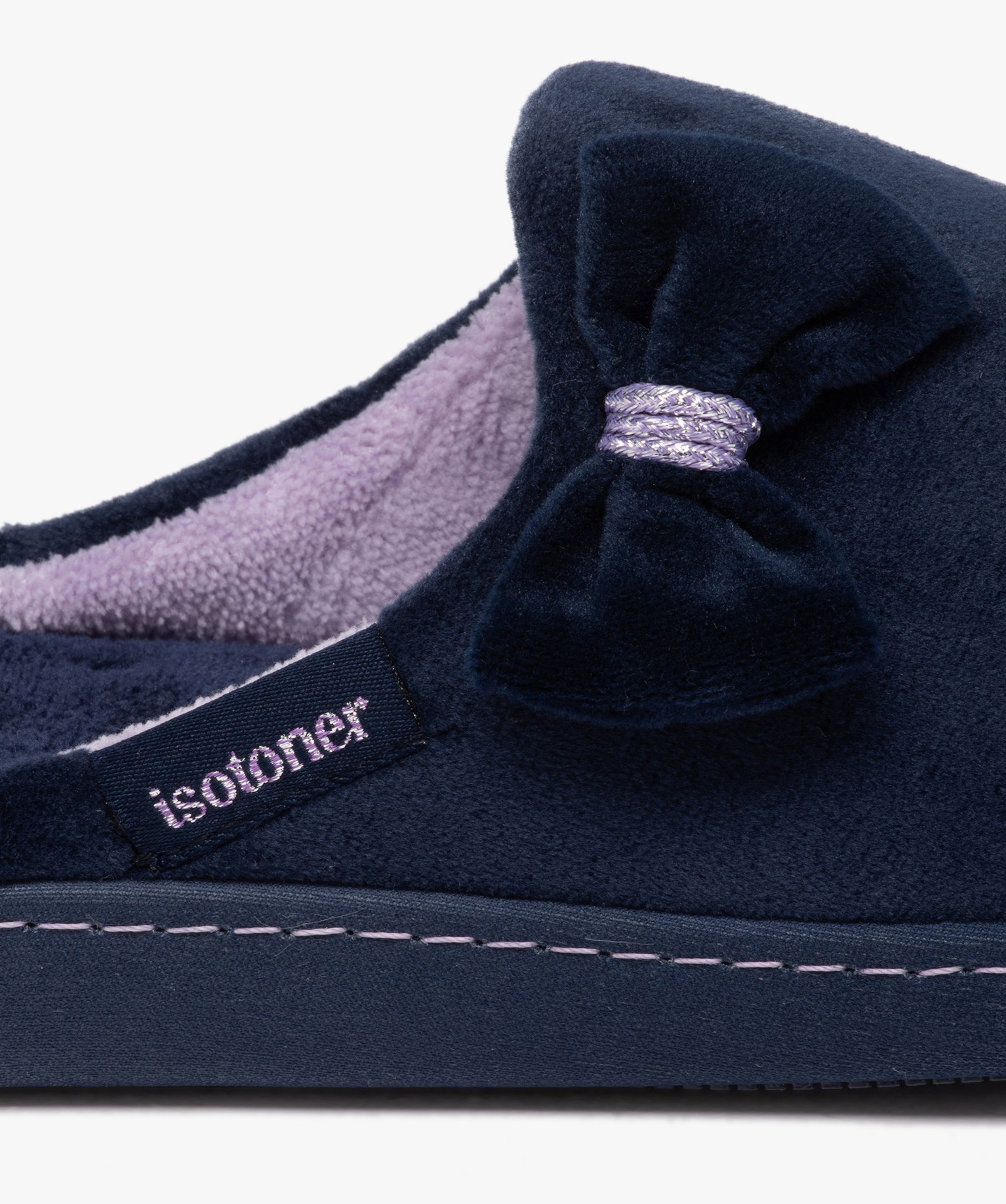Chaussons femme pantoufles en velours uni avec noeud - Isotoner marine | GEMO