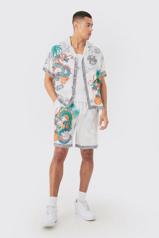 Kastiges Viskose-Hemd und Shorts mit Drachen-Print