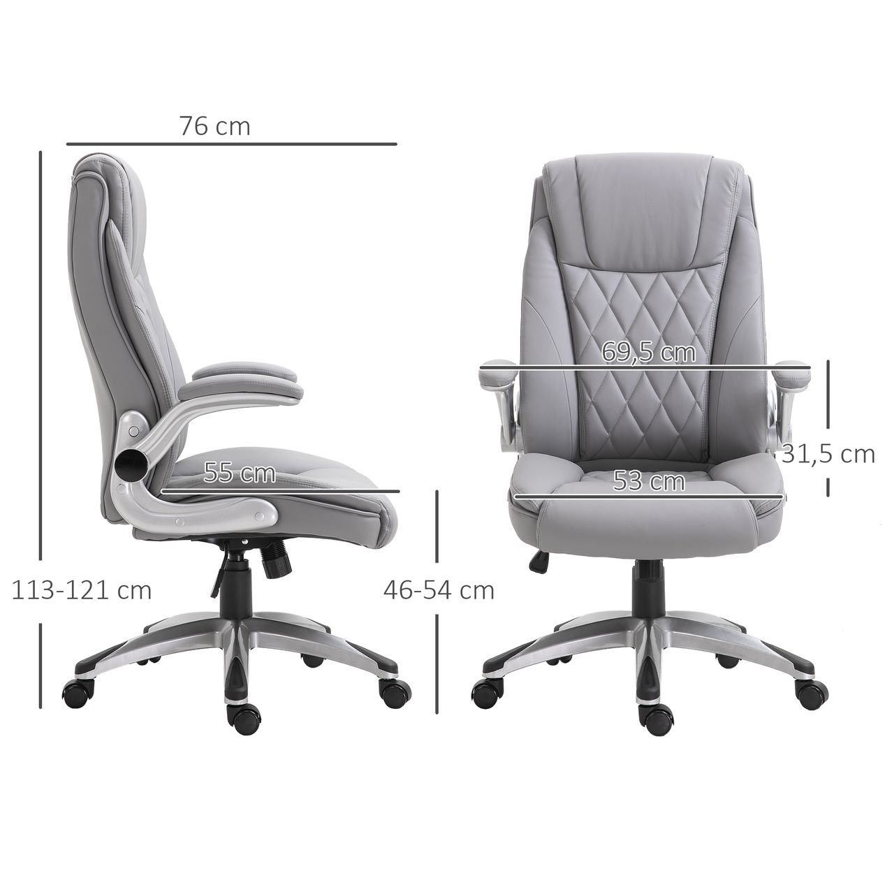 HOMCOM Vinsetto Bürostuhl mit Wippfunktion höhenverstellbar Kunstleder Grau 69,5 x 76 x 113–121 cm