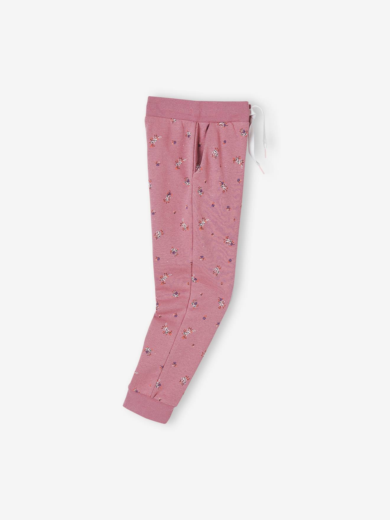 Pantalon jogging imprimé fleurs fille en molleton bleu foncé imprimé