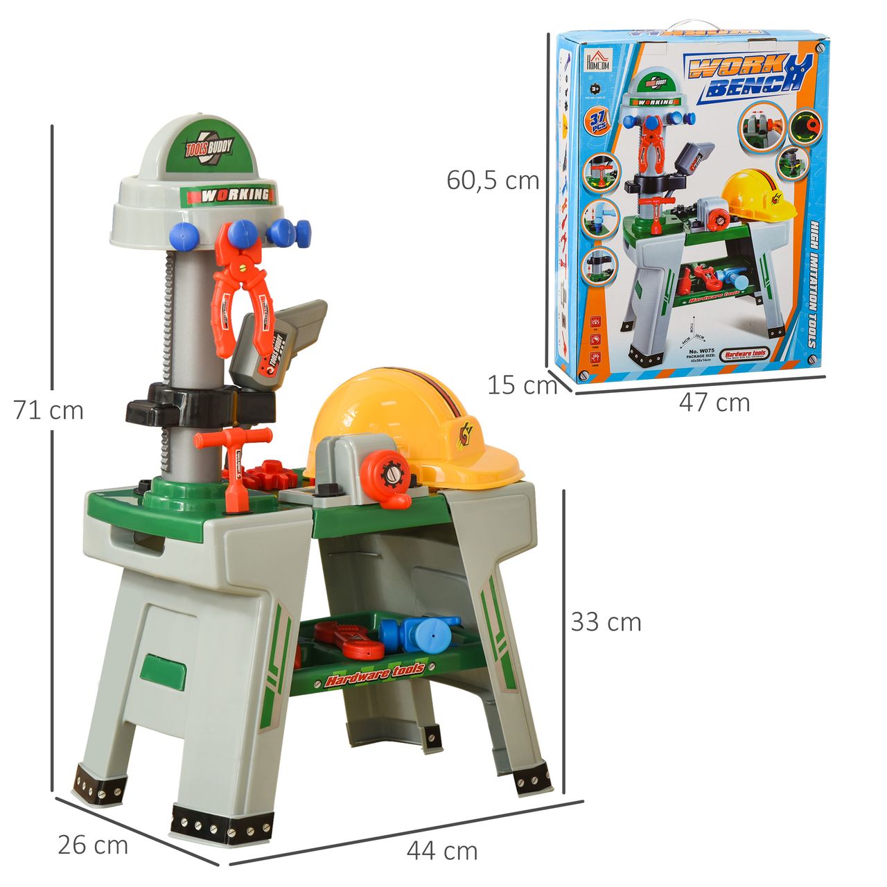 HOMCOM Kinder Werkbank Arbeitstisch Werkbanktisch mit 37 Zubehören Rollenspiel Spielzeug für Kinder von 3 bis 6 Jahren PP-kunststoff Grün Grau 44 x 26 x 71 cm