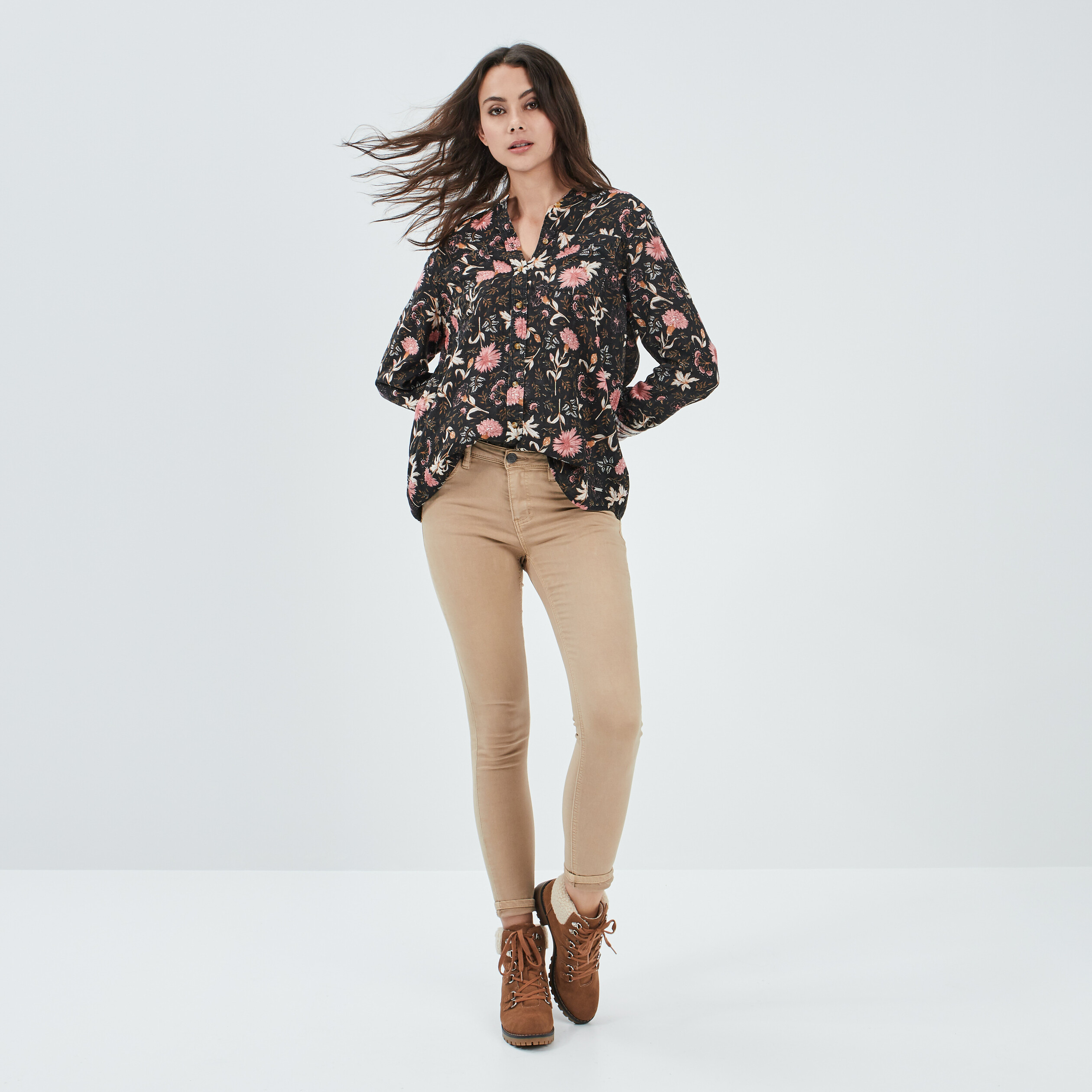 Chemise manches longues retroussables gris fonce femme | La Halle