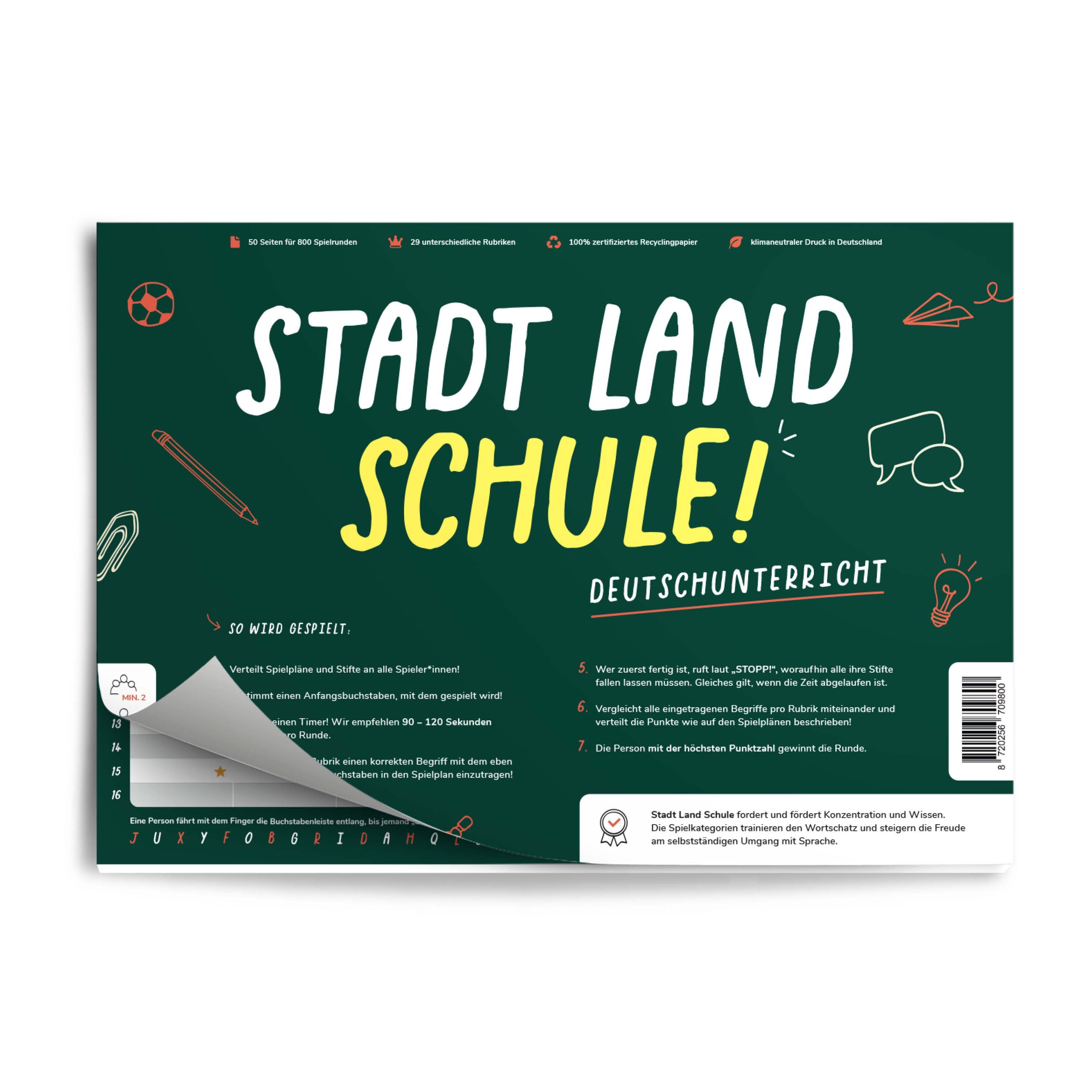 Pihu Spiel, Lernspiel STADT LAND SCHULE (DEUTSCH), Lernspiel für den Deutschunterricht, Klimaneutral gedruckt