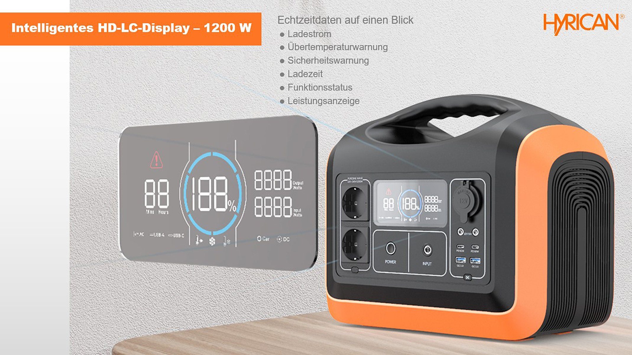Hyrican UPP-1200 / 1200 Watt, 992 Wh, LiFePO4, tragbarer Akku/Batterie Powerstation 310000 mAh, mobiles Ladezentrum für Not-& Stromversorgung