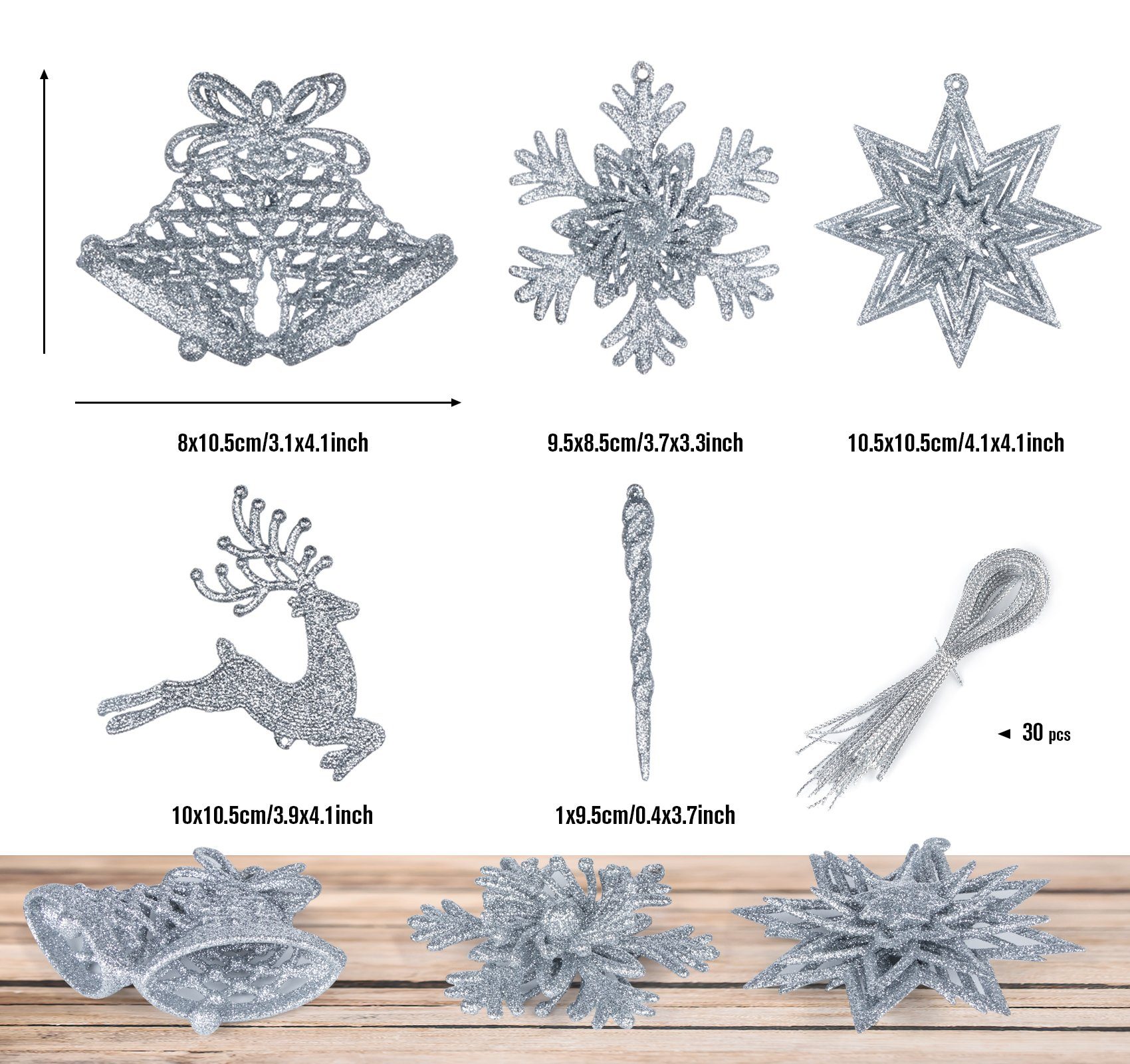 Homewit Christbaumschmuck 3D Glitzer Weihnachtsdekoration für Weihnachtsbaum (24-tlg), Weihnachtsbaumschmuck Weihnachtsbaumanhänger