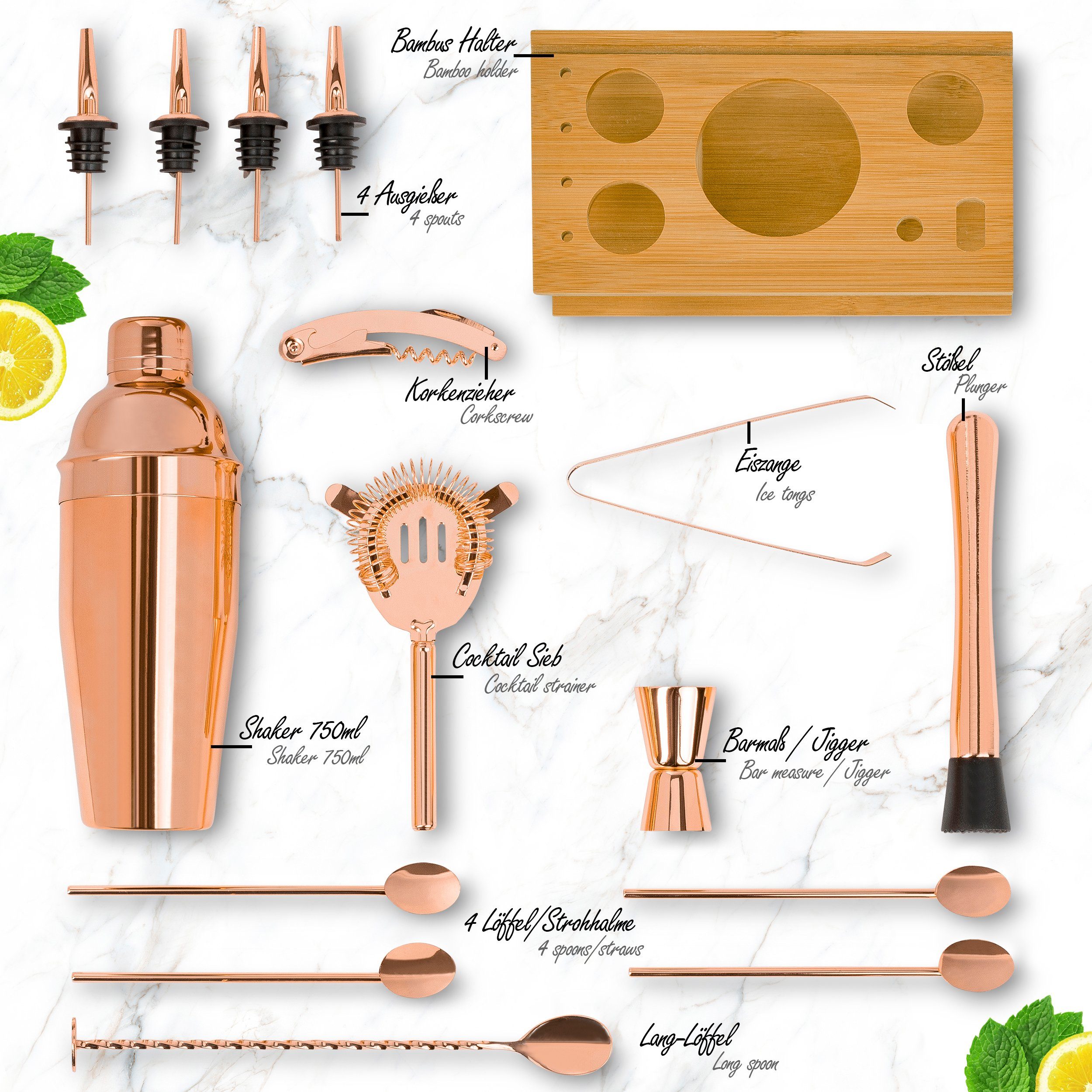 ONVAYA Cocktail Shaker Cocktail Set in Rosé-Gold, Cocktail Geschenkset mit Bambus-Halter