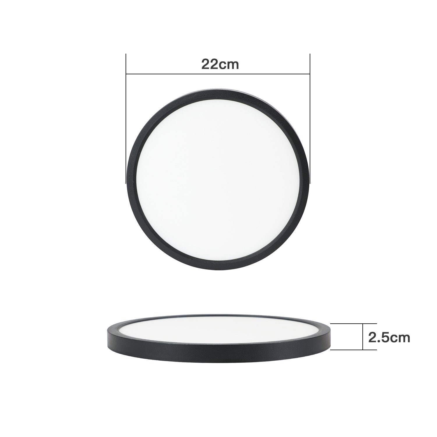 ZMH LED Deckenleuchte ∅22cm IP44 Wasserdicht einfache Selbstmontage mit Aufbauanleitung, nicht dimmbar, 3000K//4000K//6500K, Schwarz, 6500K