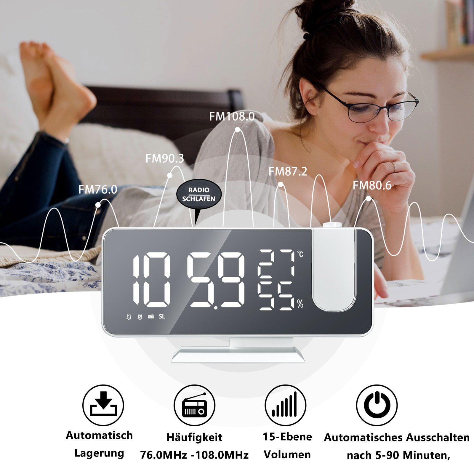 REDOM Projektionswecker Digital Wecker Radiowecker Digitalwecker Projektion LED Alarm Radio ohne Akku Projektion 180 ° Dual-Alarm Temperatur 12/24H USB-Anschluss