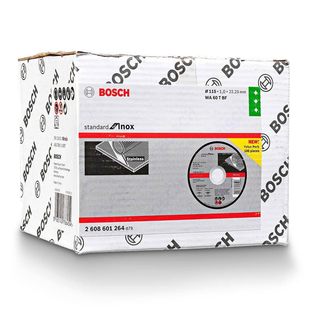 Disco de corte BOSCH 115 x 1,0 mm para aço e aço inoxidável – PADRÃO para aço inoxidável – 100 peças