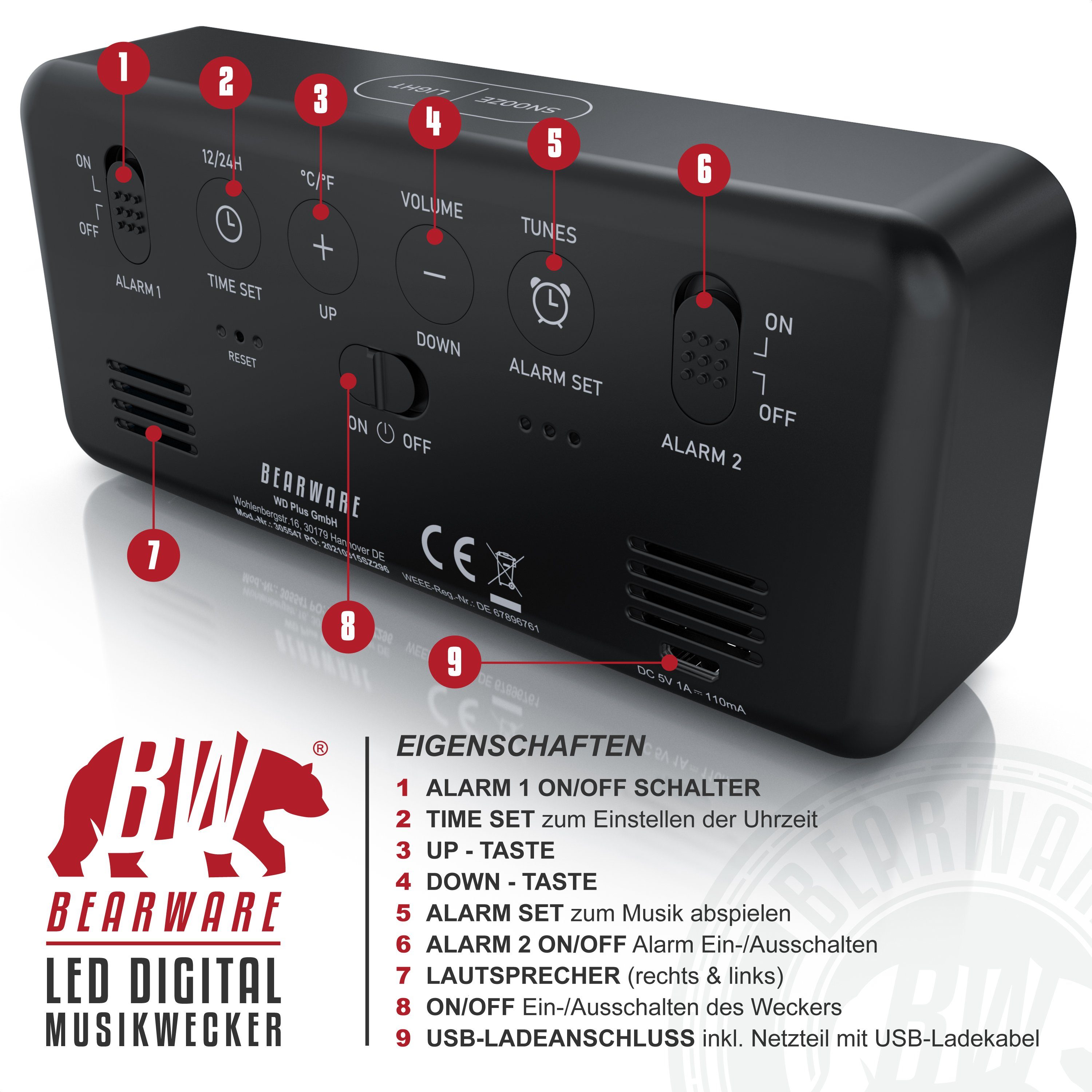 BEARWARE Wecker Musikwecker digital Temperaturanzeige, Reisewecker mit Netzteil & Akku