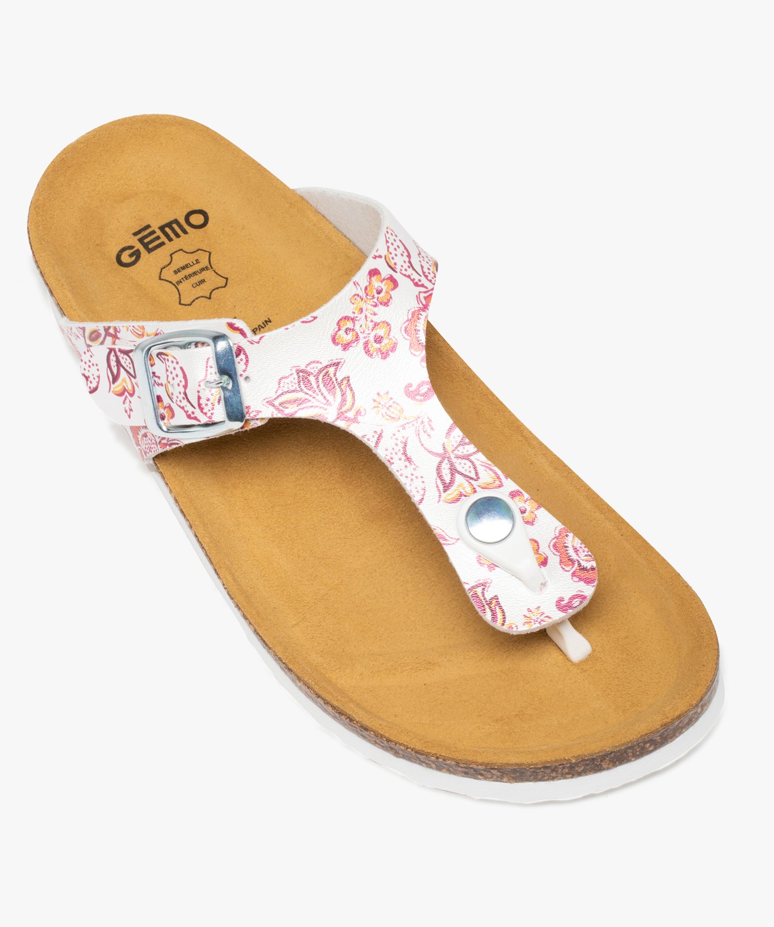 Mules femme à semelle liège et bride entre-doigts blanc | GEMO