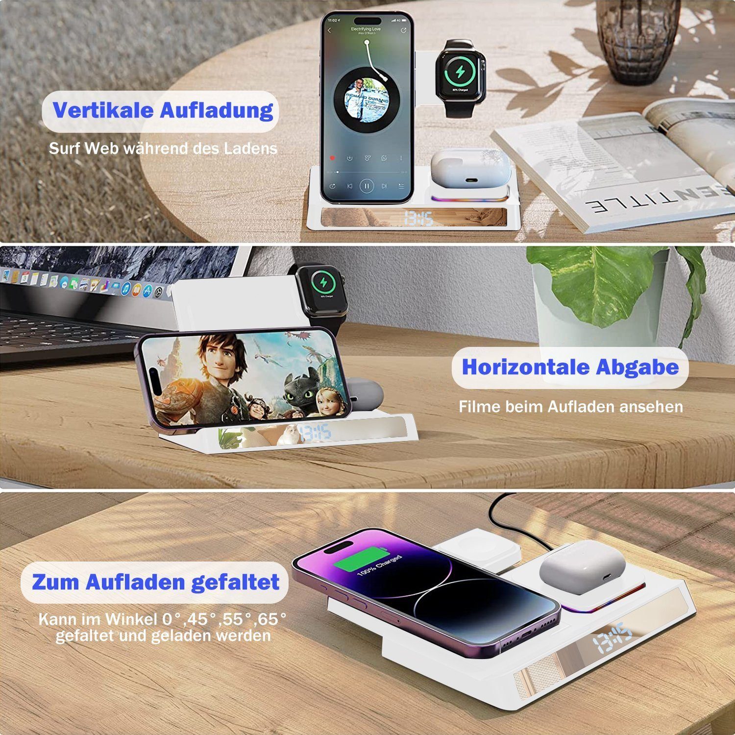 Yaviel Handy-Dockingstation Induktive Ladestation 4 in 1 Kabellose Ladegerät Wireless Charger, (für Apple iWatch iPhone Airpods Handy Charging Station, mit USB Kabel für iPhone 14 13 12Pro Mini Pro Max)