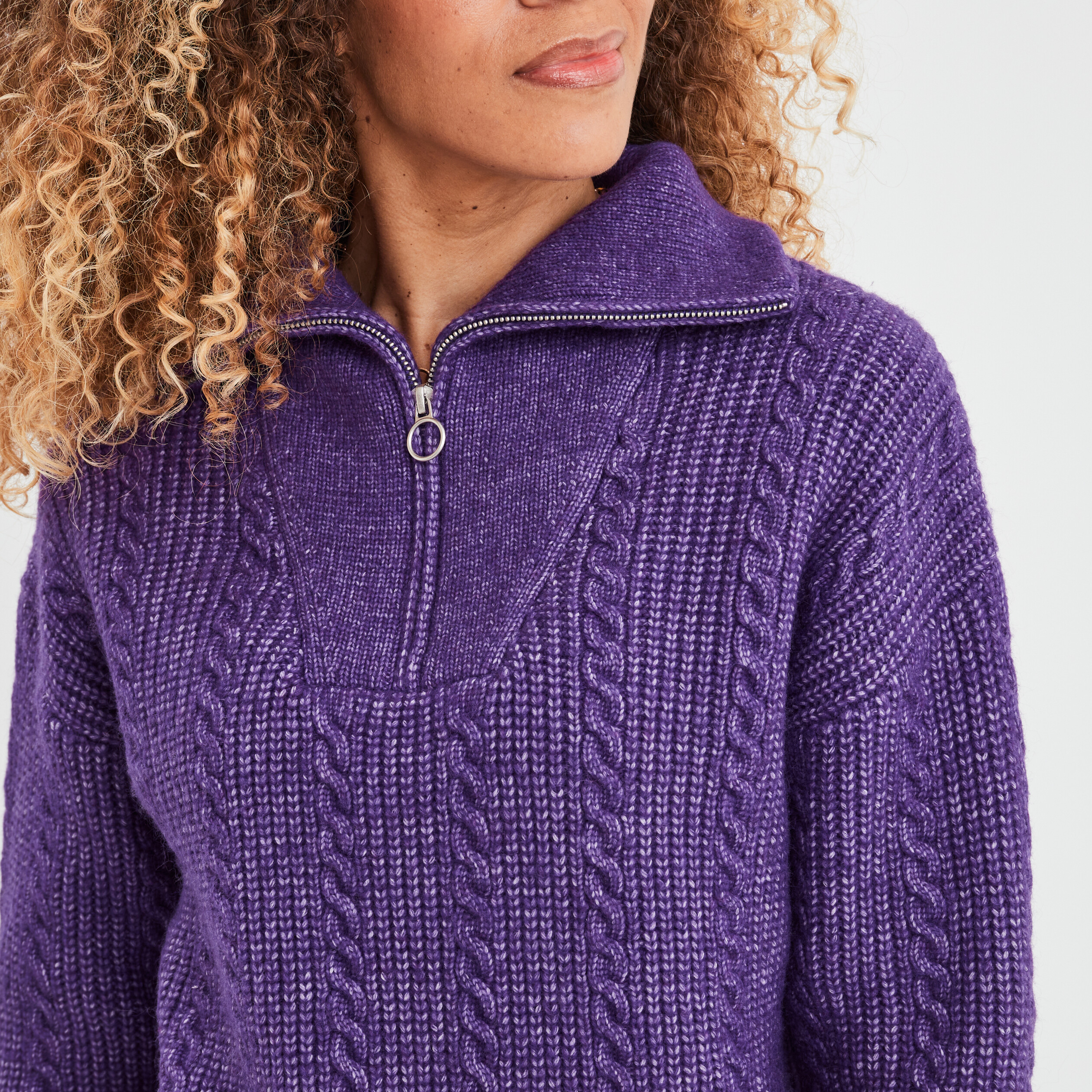 Pull camionneur zippé torsades Liberto violet foncé femme | La Halle