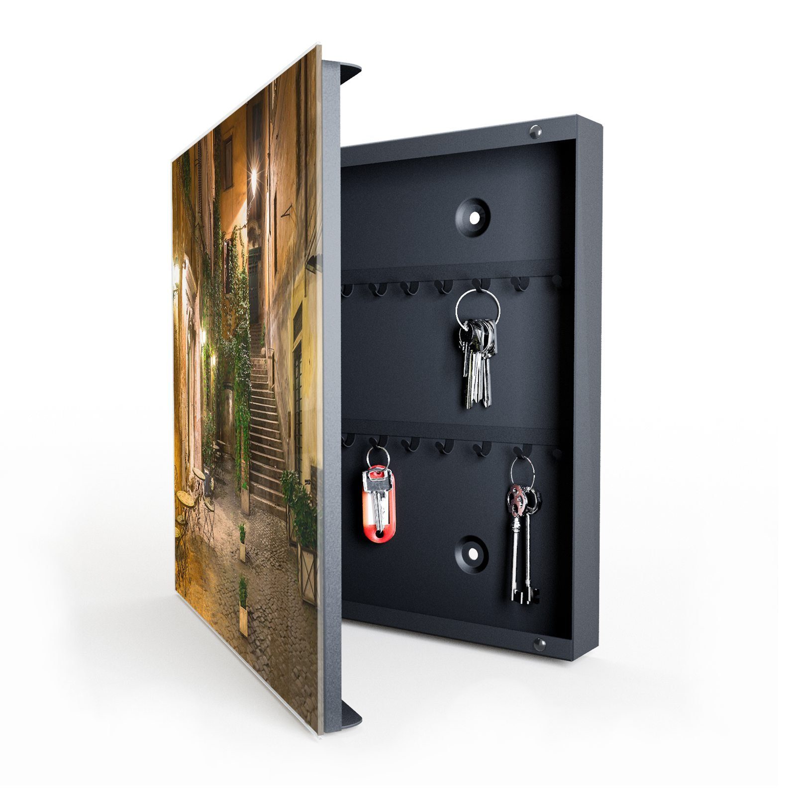 Primedeco Schlüsselkasten Magnetpinnwand und Memoboard mit Glasfront Motiv Gasse bei Nacht (1 St)