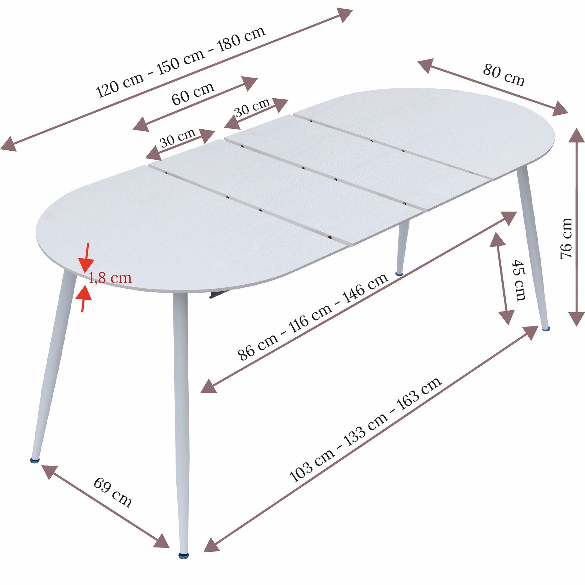 TRISENS Esstisch Rodrigo, Esstisch ausziehbar 120-150-180x80cm 4-10Pers. Ovaler Tisch Holz Optik