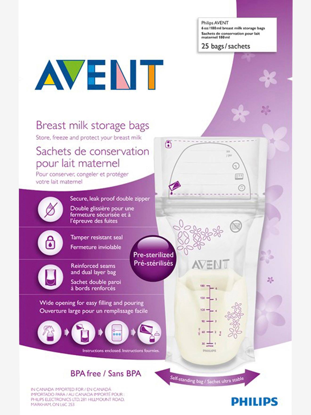 Lot de 25 sachets de conservation pour lait maternel Philips AVENT transparent